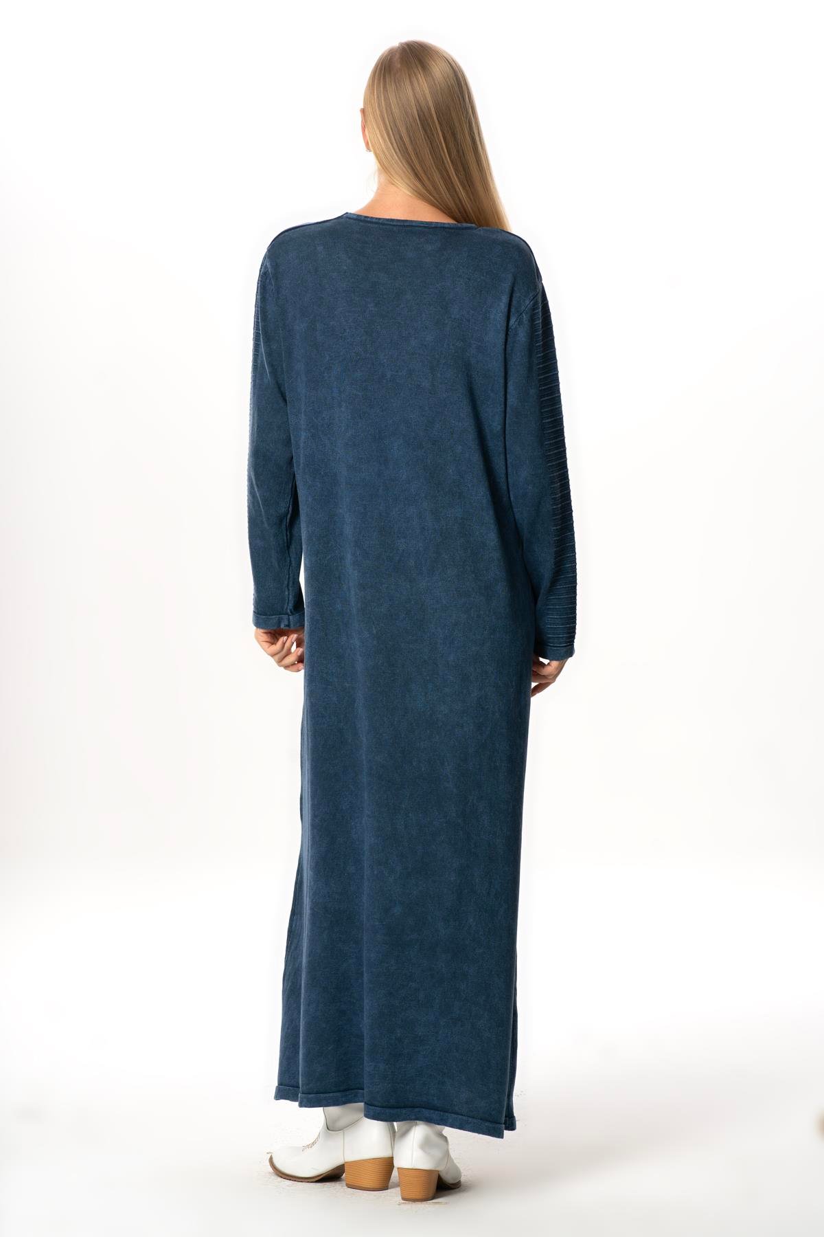 Uzun Kol Gamze Cep Detaylı Sonbahar ve Kışlık Uzun Triko Elbise İndigo indg