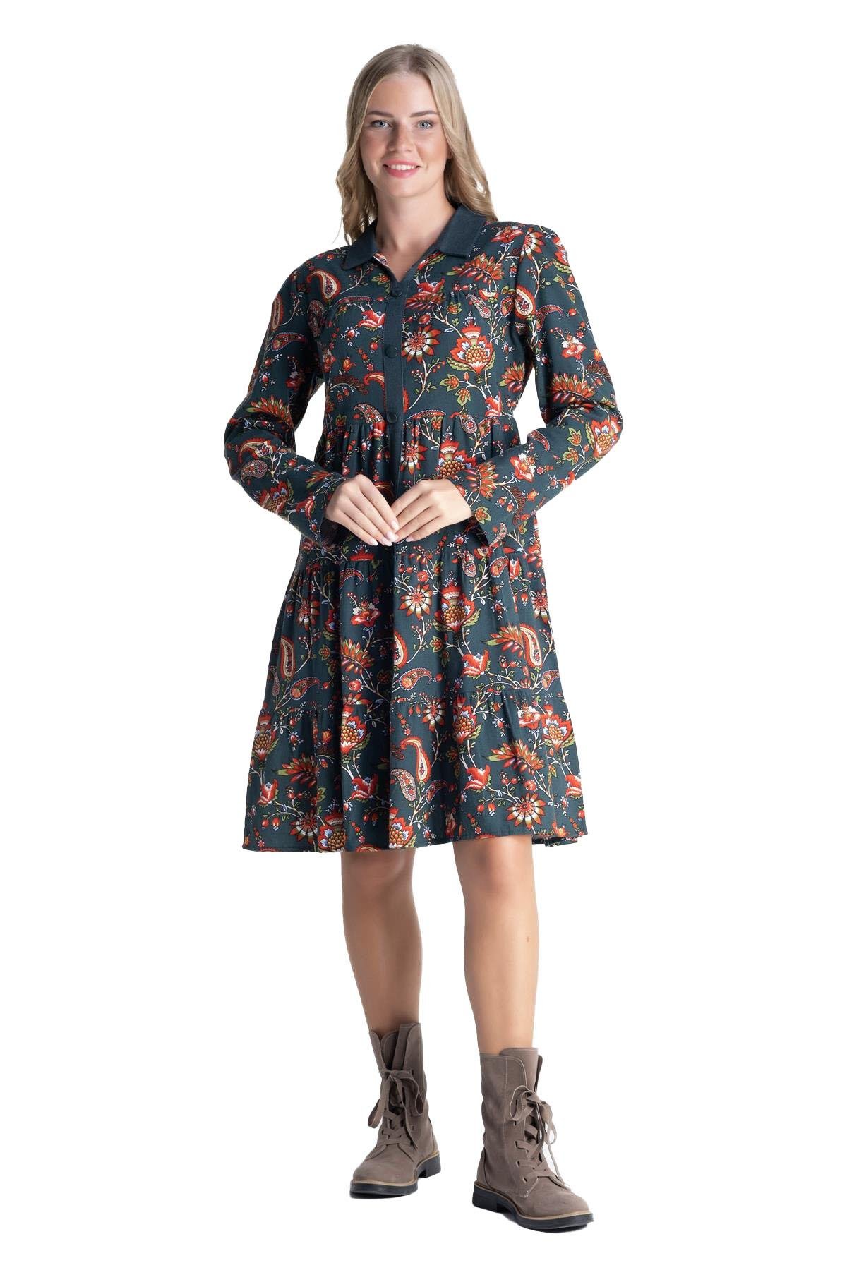 Uzun Kol Gömlek Yaka Güz Velvetin  Kısa Sonbahar ve Kışlık Elbise Petrol Ptrl