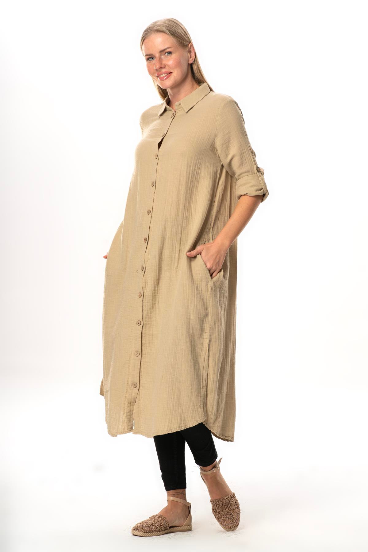 Uzun Kol Gömlek Yaka Hafsa Müslin Yazlık Tunik Vizon Vzn
