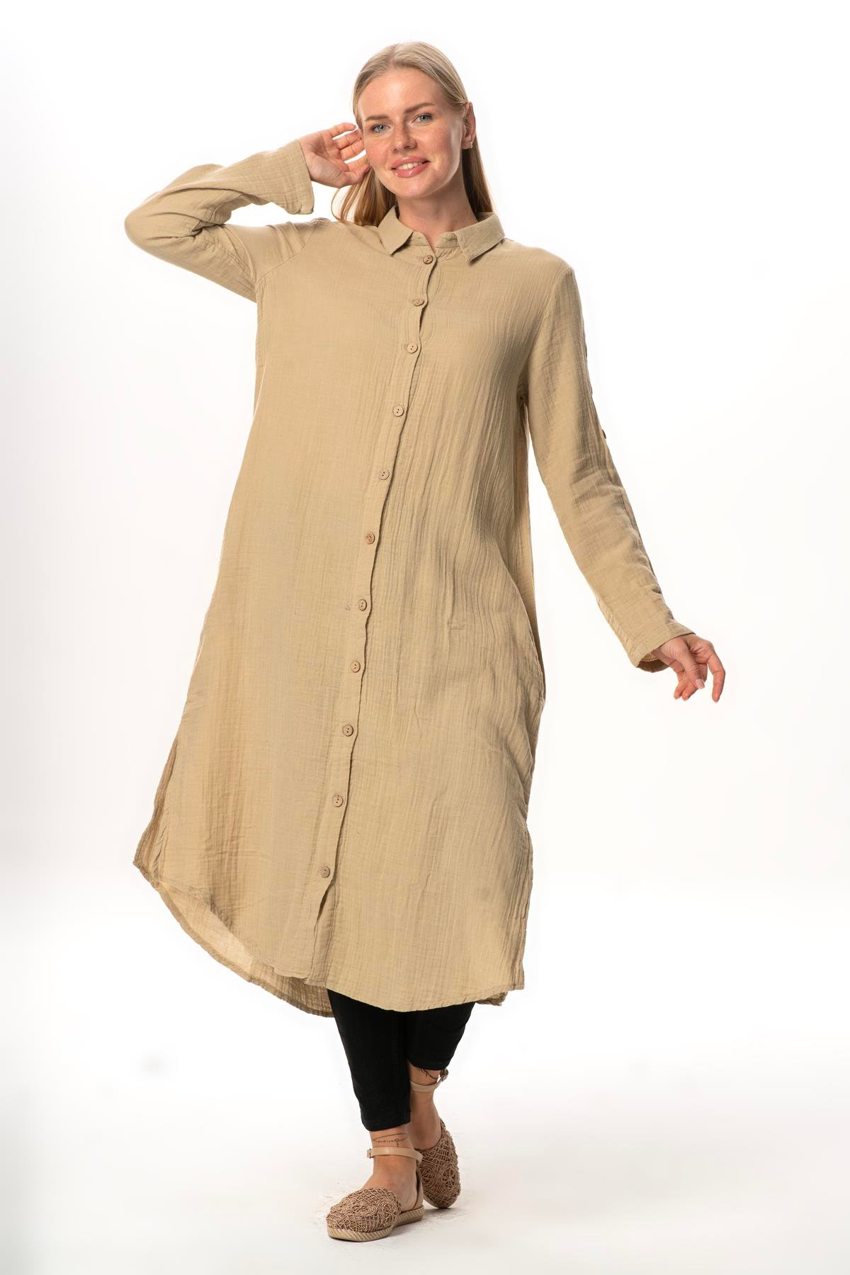 Uzun Kol Gömlek Yaka Hafsa Müslin Yazlık Tunik Vizon Vzn