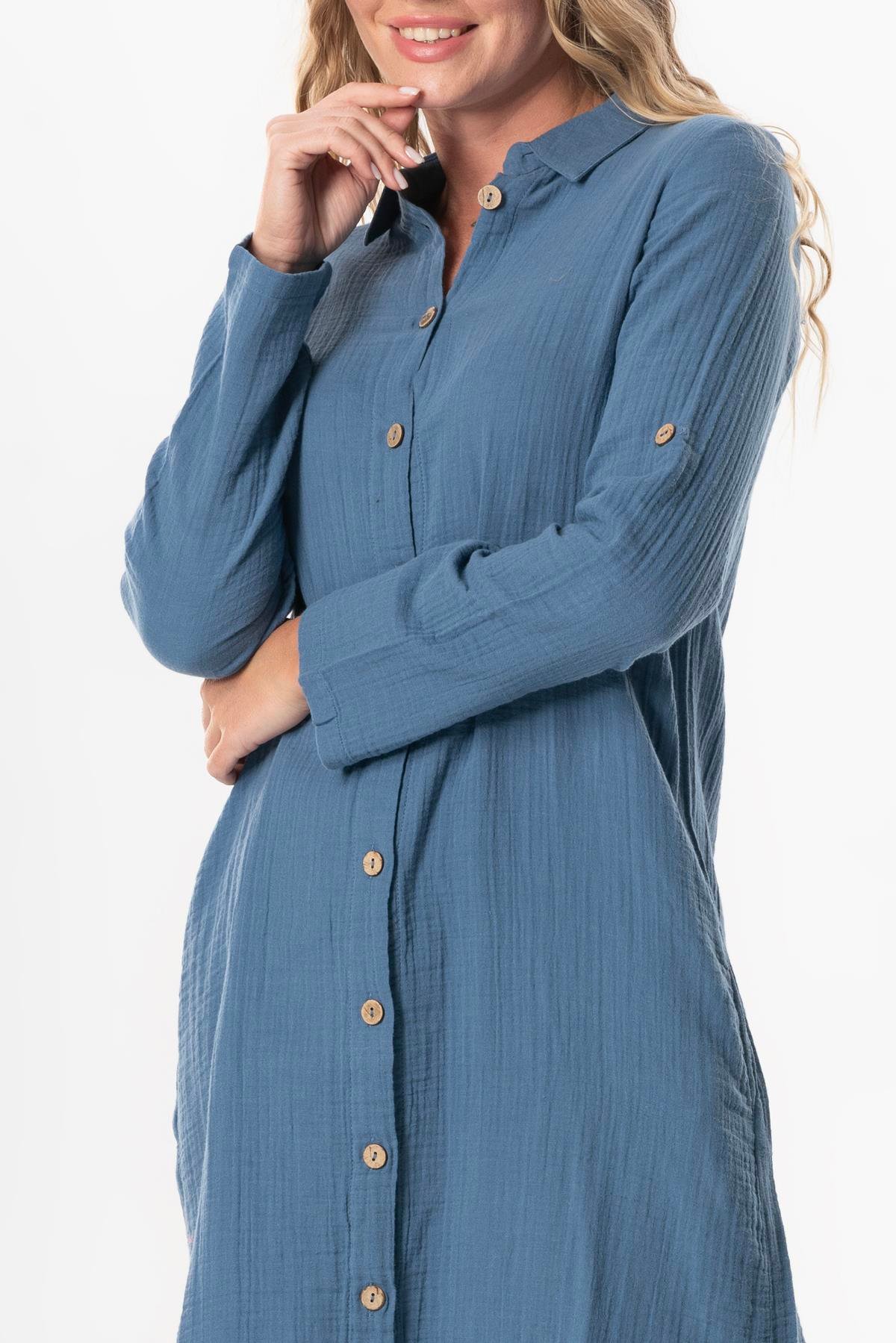 Uzun Kol Gömlek Yaka Hafsa Müslin Yazlık Tunik İndigo indg