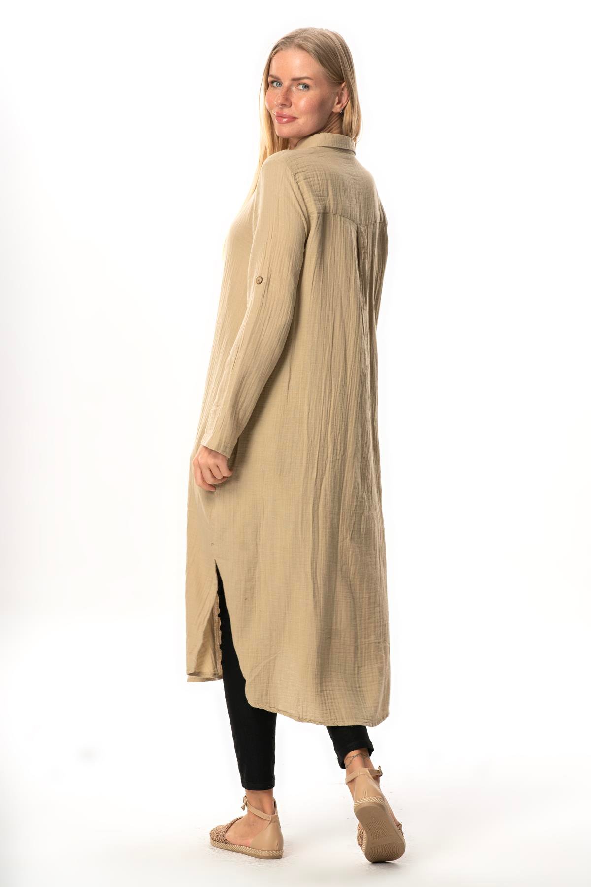 Uzun Kol Gömlek Yaka Hafsa Müslin Yazlık Tunik Vizon Vzn