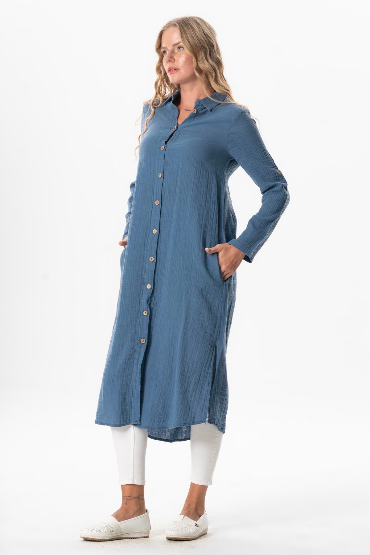 Uzun Kol Gömlek Yaka Hafsa Müslin Yazlık Tunik İndigo indg