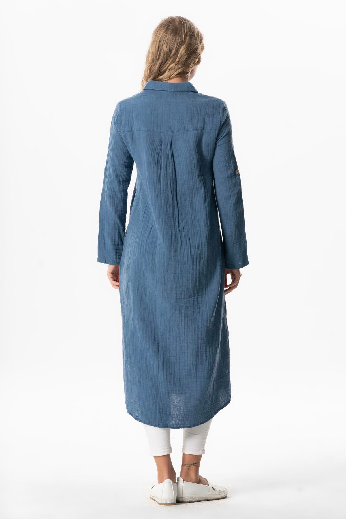 Uzun Kol Gömlek Yaka Hafsa Müslin Yazlık Tunik İndigo indg