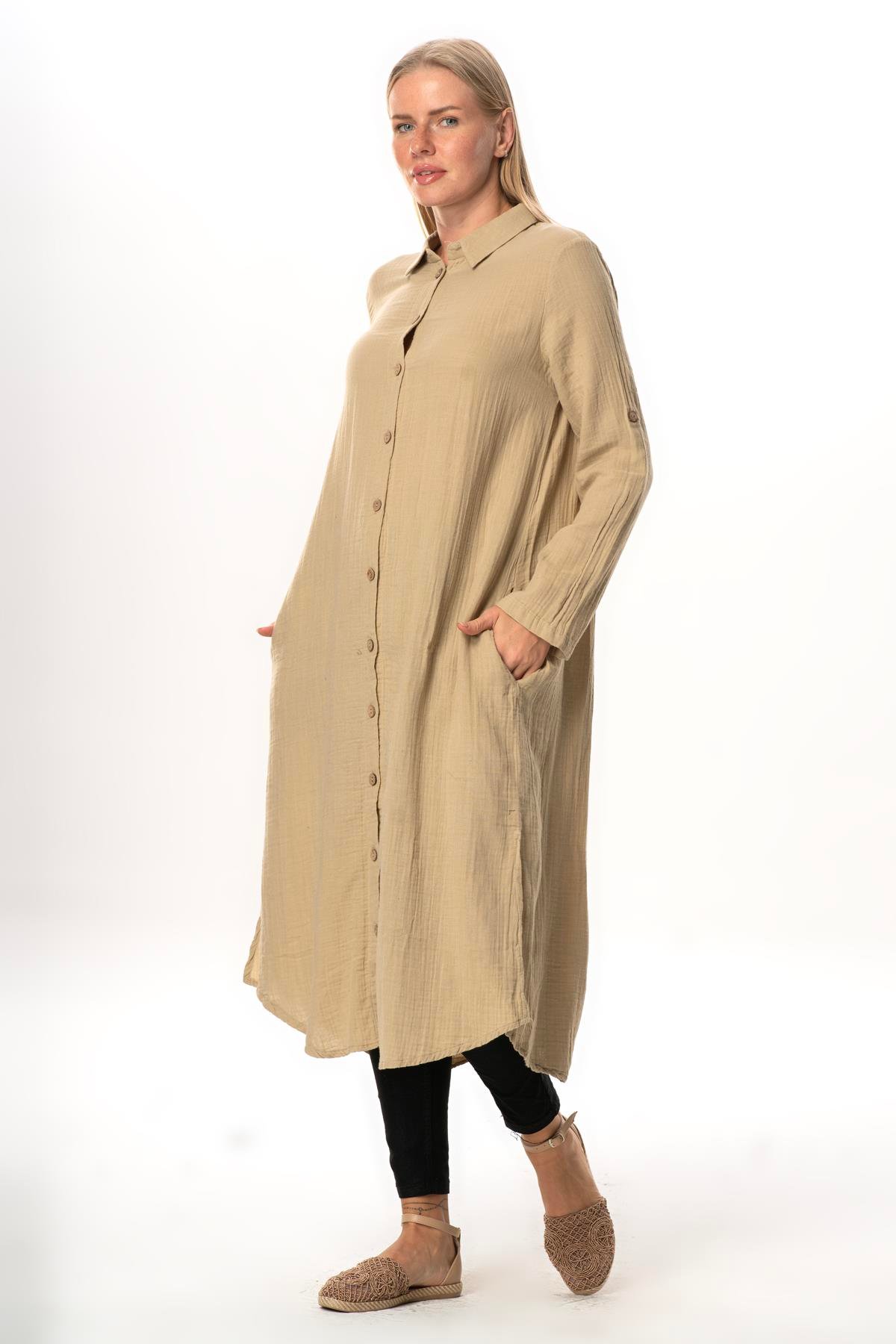 Uzun Kol Gömlek Yaka Hafsa Müslin Yazlık Tunik Vizon Vzn