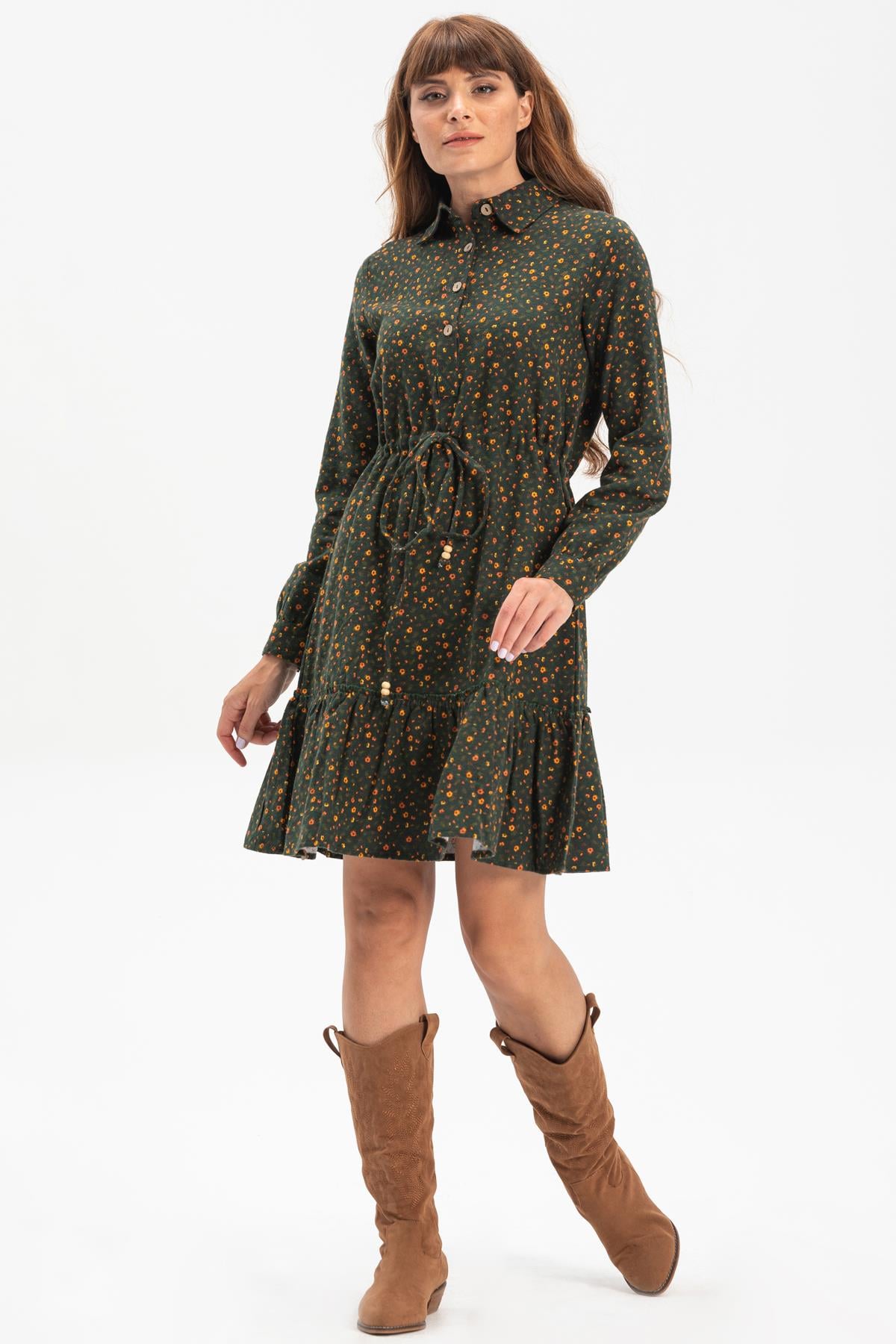 Gülçin Flannel Flannel Fabric Short Dress Çıtır Pattern Green