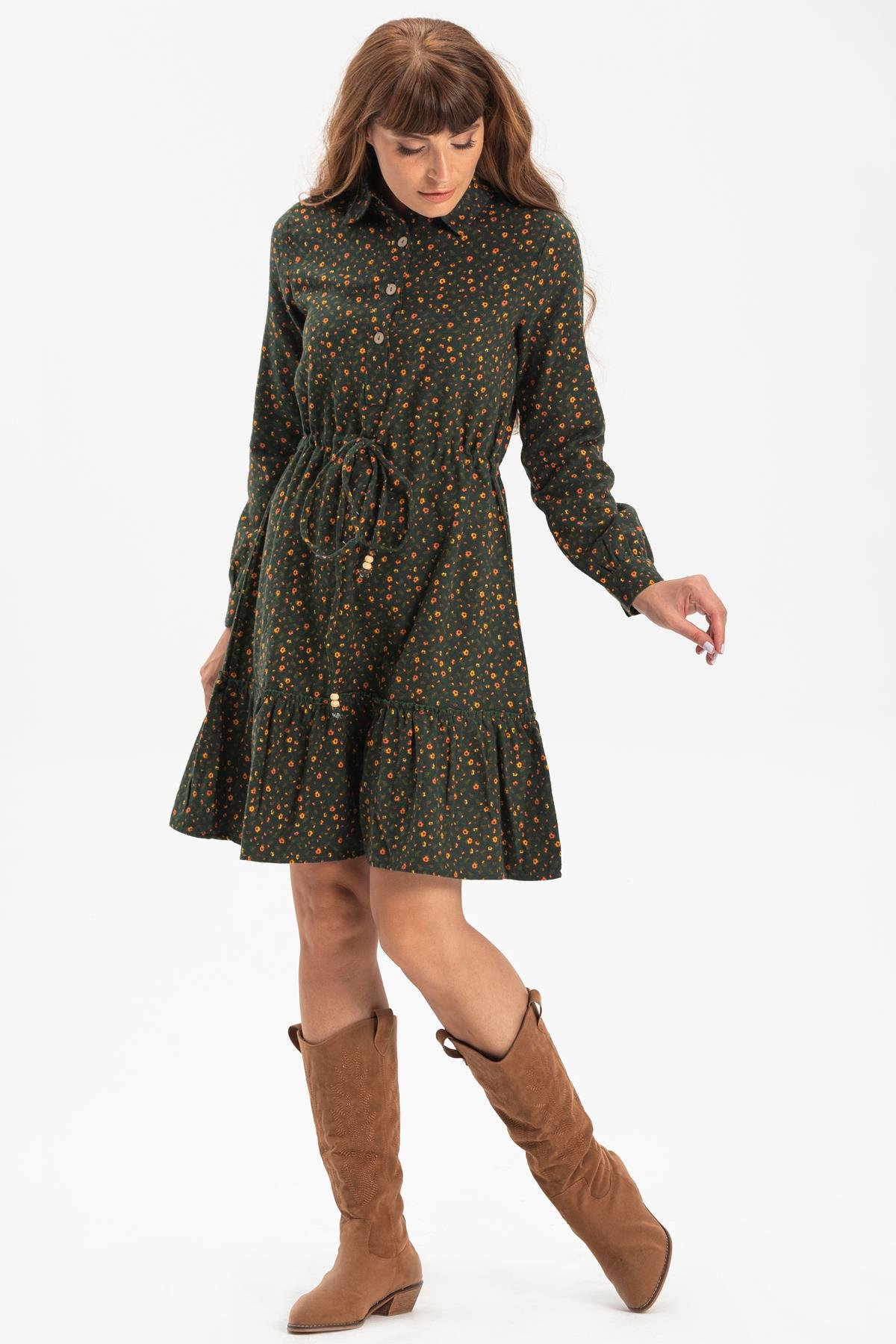 Gülçin Flannel Flannel Fabric Short Dress Çıtır Pattern Green
