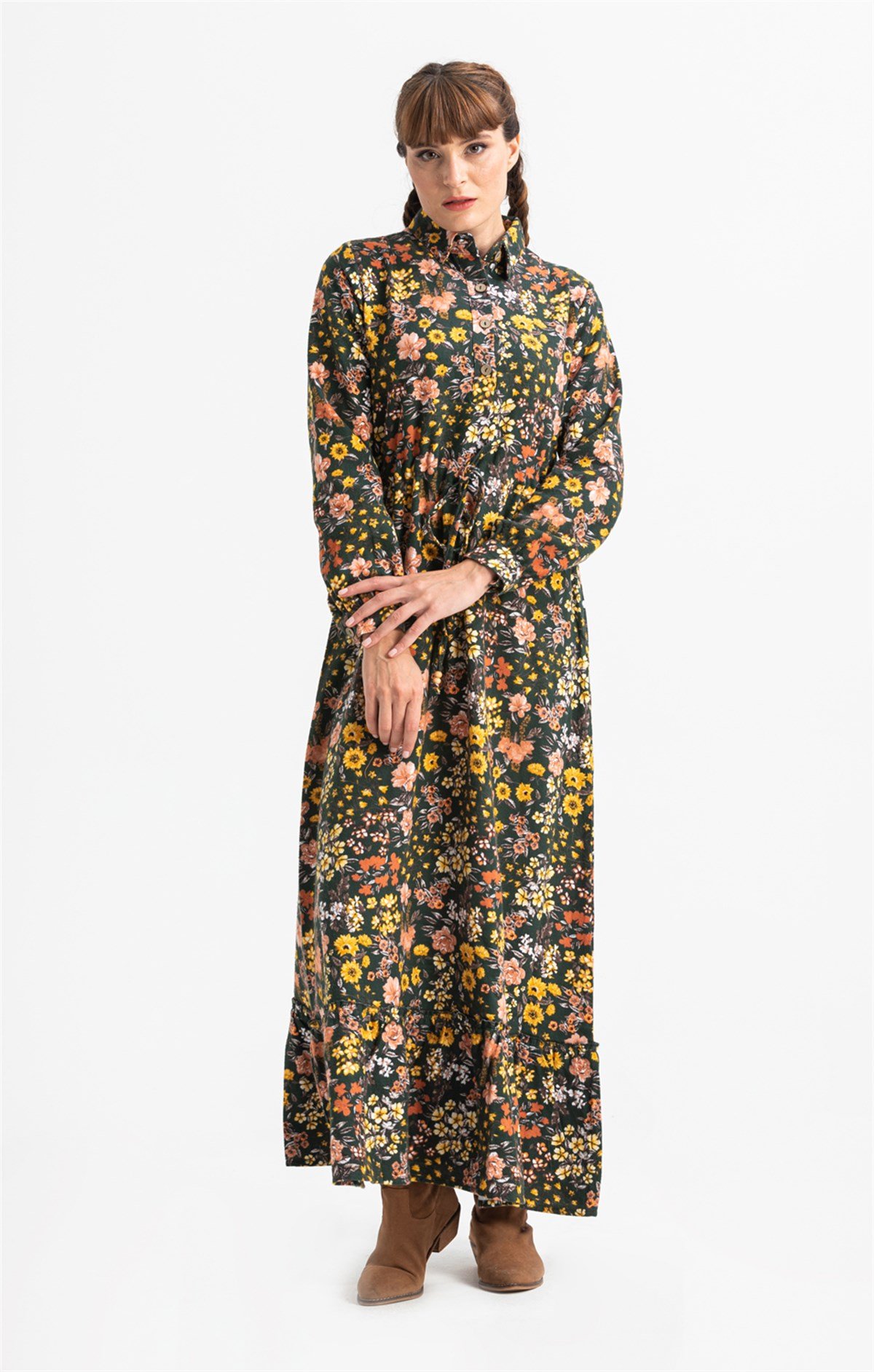 Long Sleeve Gülçin Flannel Fabric Long Dress Bahar Pattern Green
