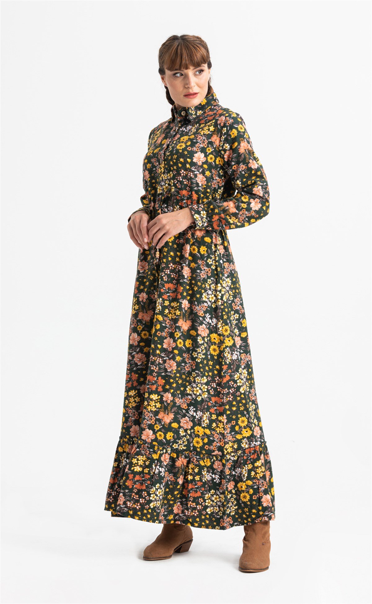 Long Sleeve Gülçin Flannel Fabric Long Dress Bahar Pattern Green