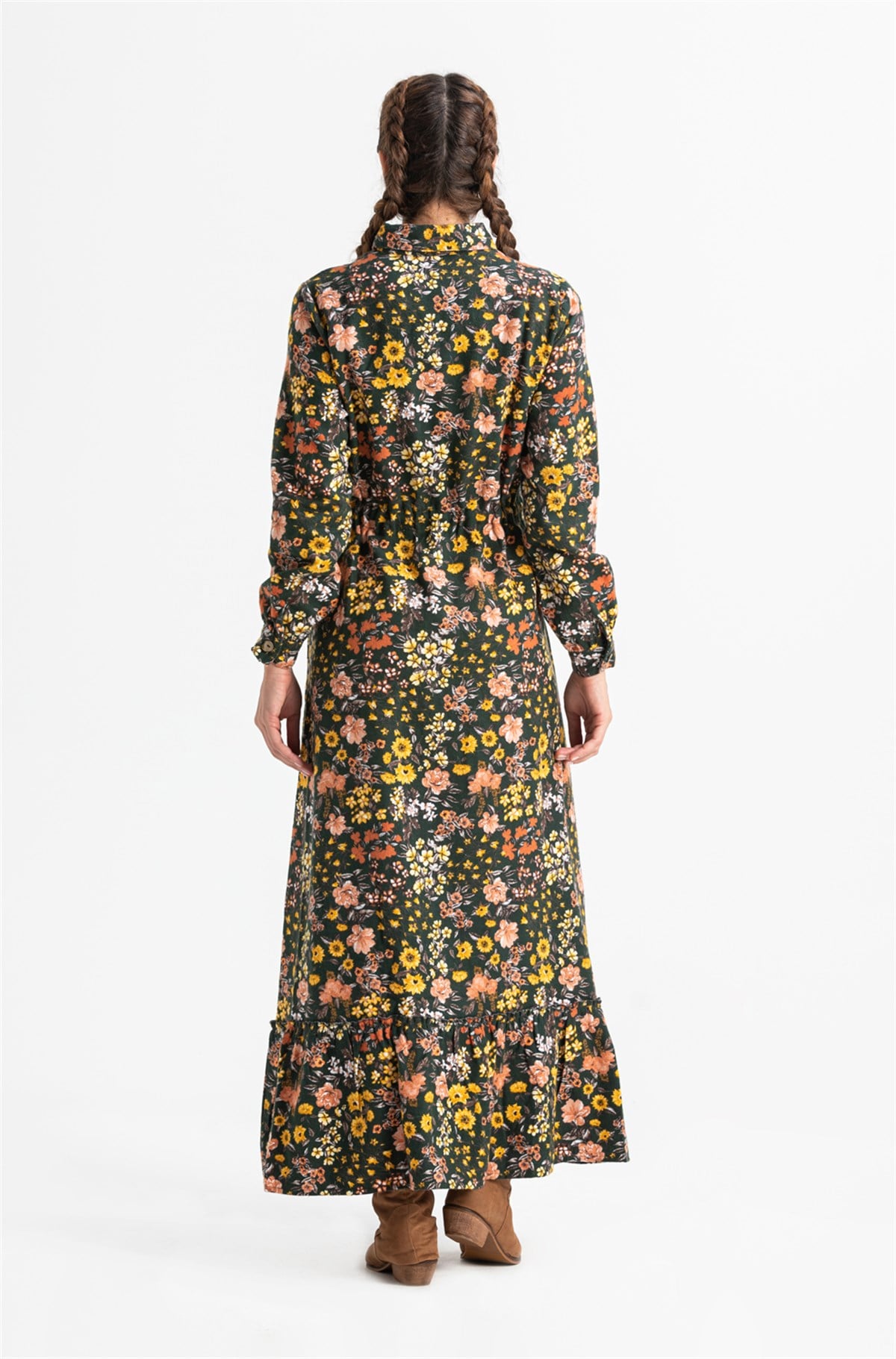 Long Sleeve Gülçin Flannel Fabric Long Dress Bahar Pattern Green