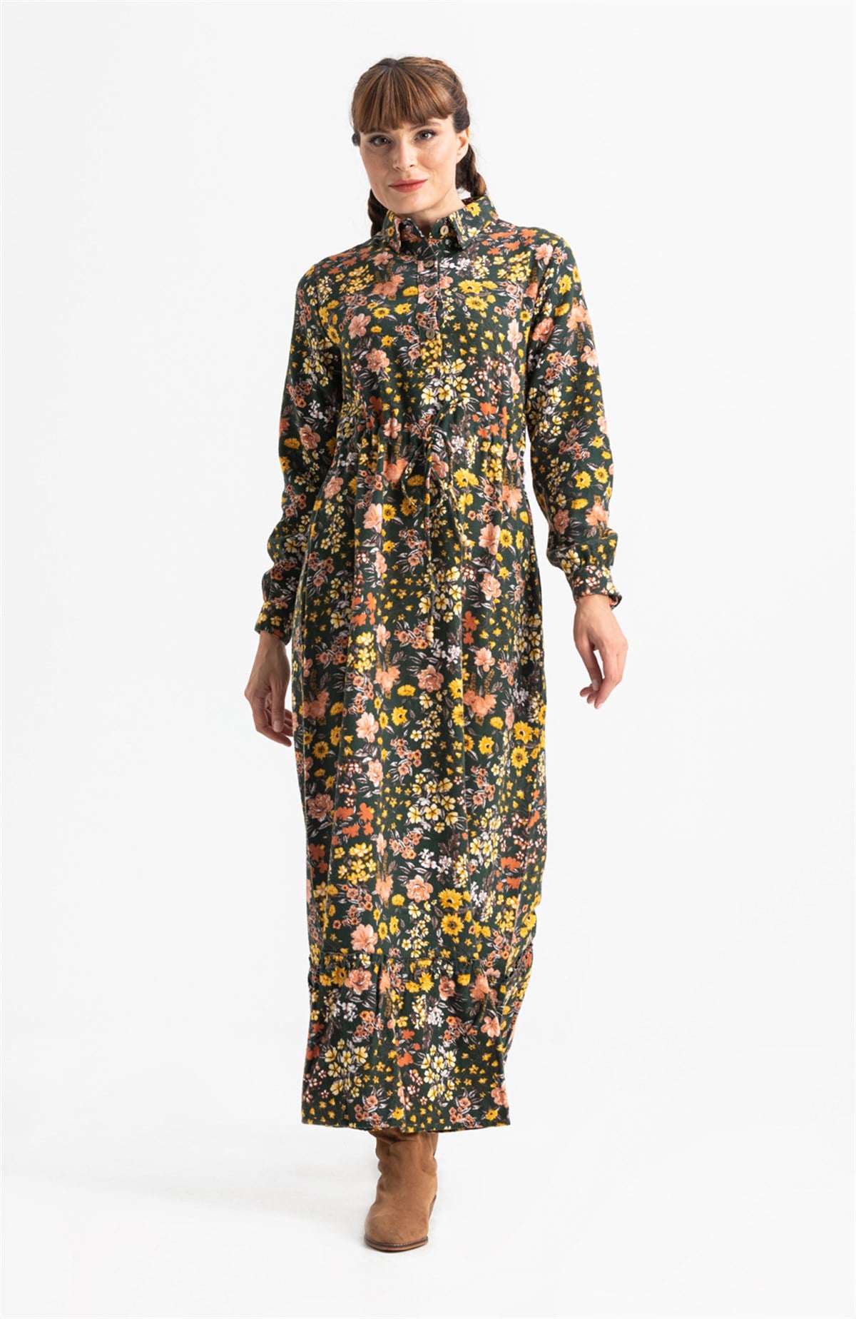 Long Sleeve Gülçin Flannel Fabric Long Dress Bahar Pattern Green
