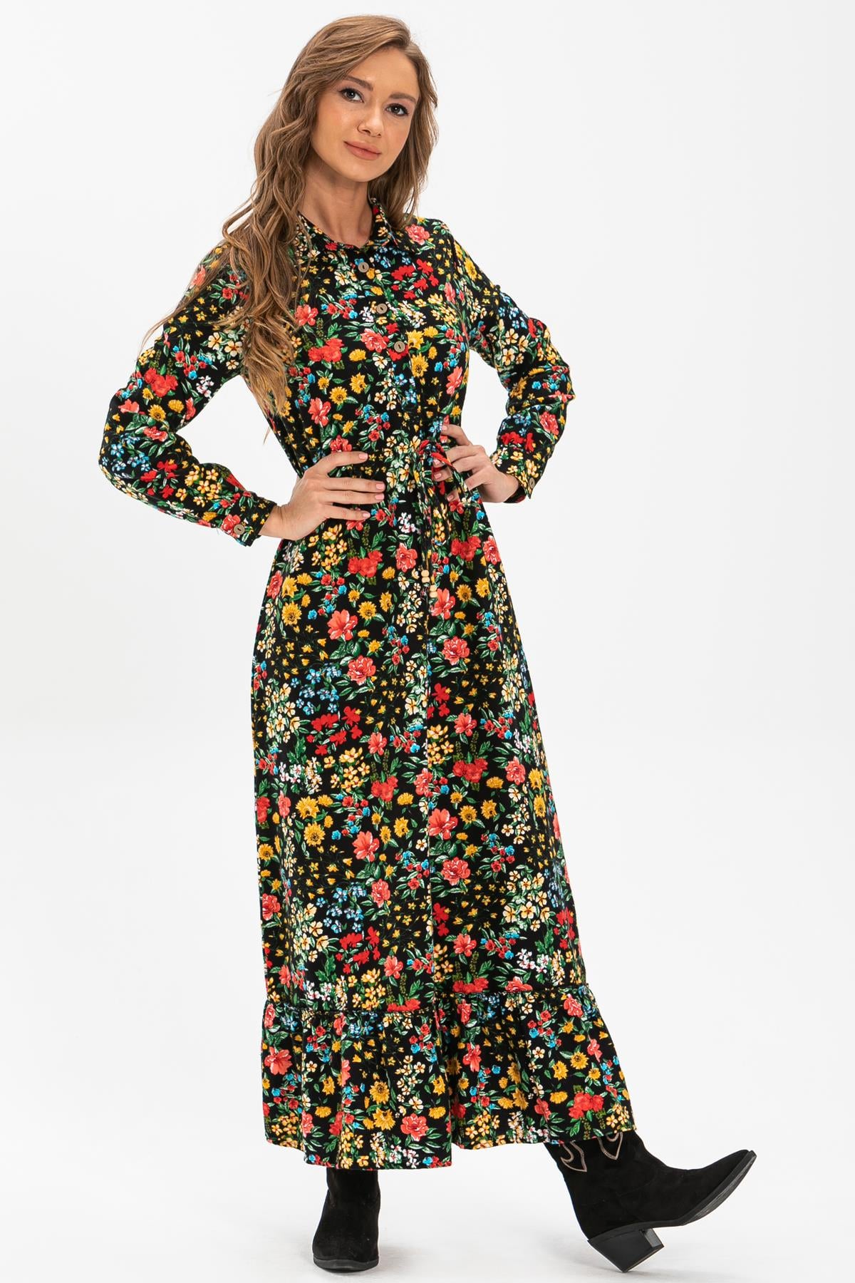 Long Sleeve Flannel Fabric Gülçin Long Dress Spring Pattern Black