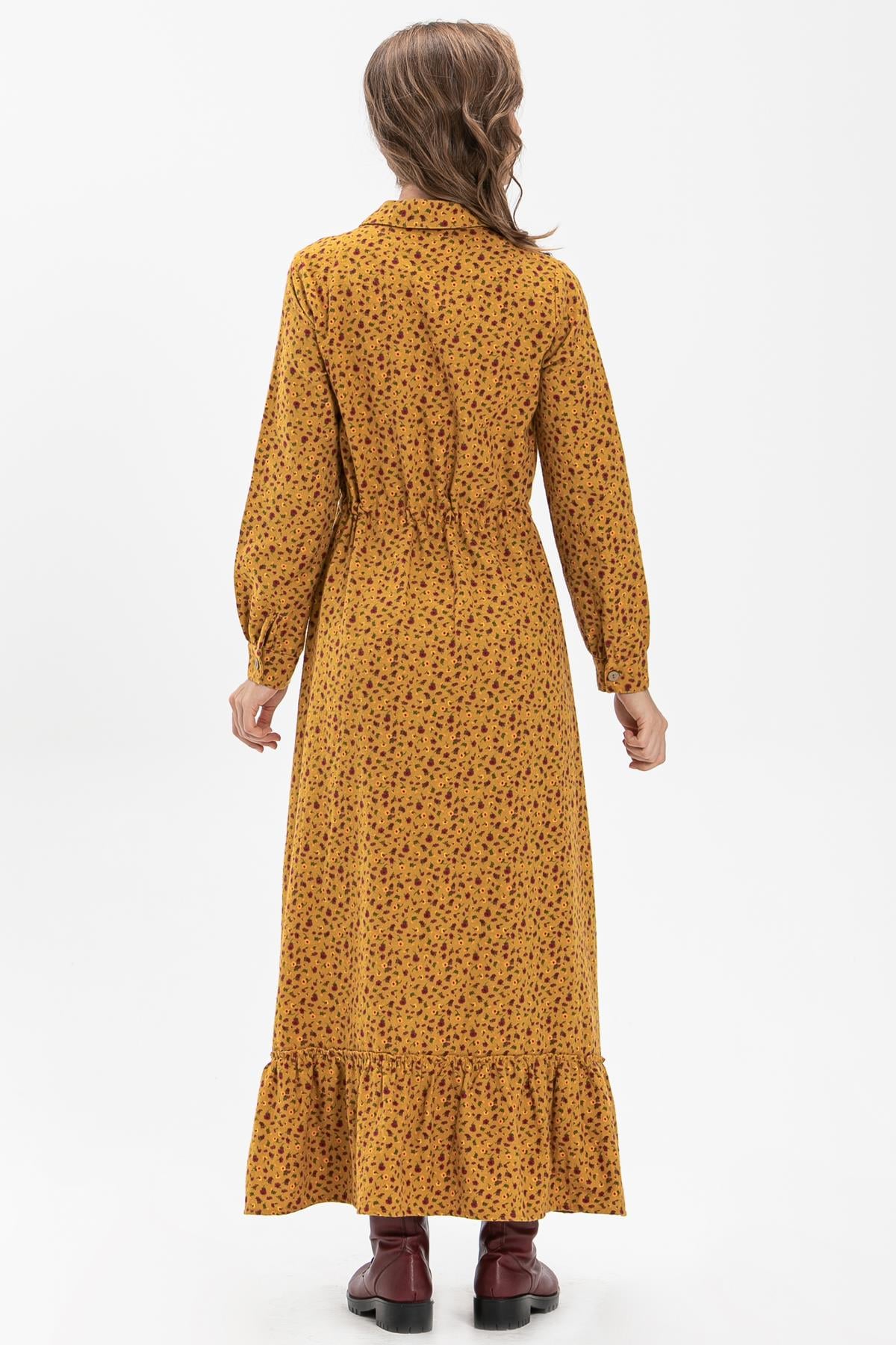 Long Sleeve Flannel Fabric Gülçin Long Dress Crispy Pattern Mustard