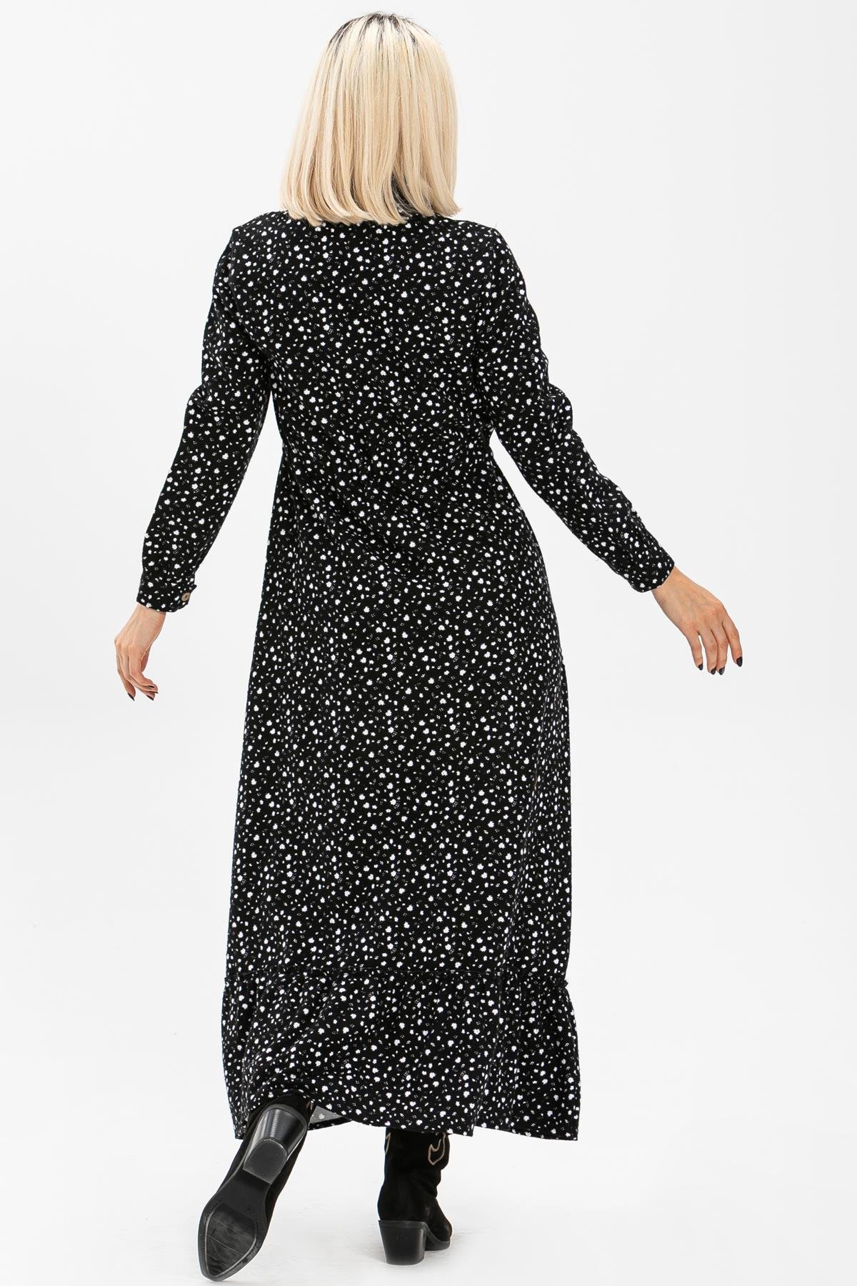 Long Sleeve Flannel Fabric Gülçin Long Dress Crispy Pattern White