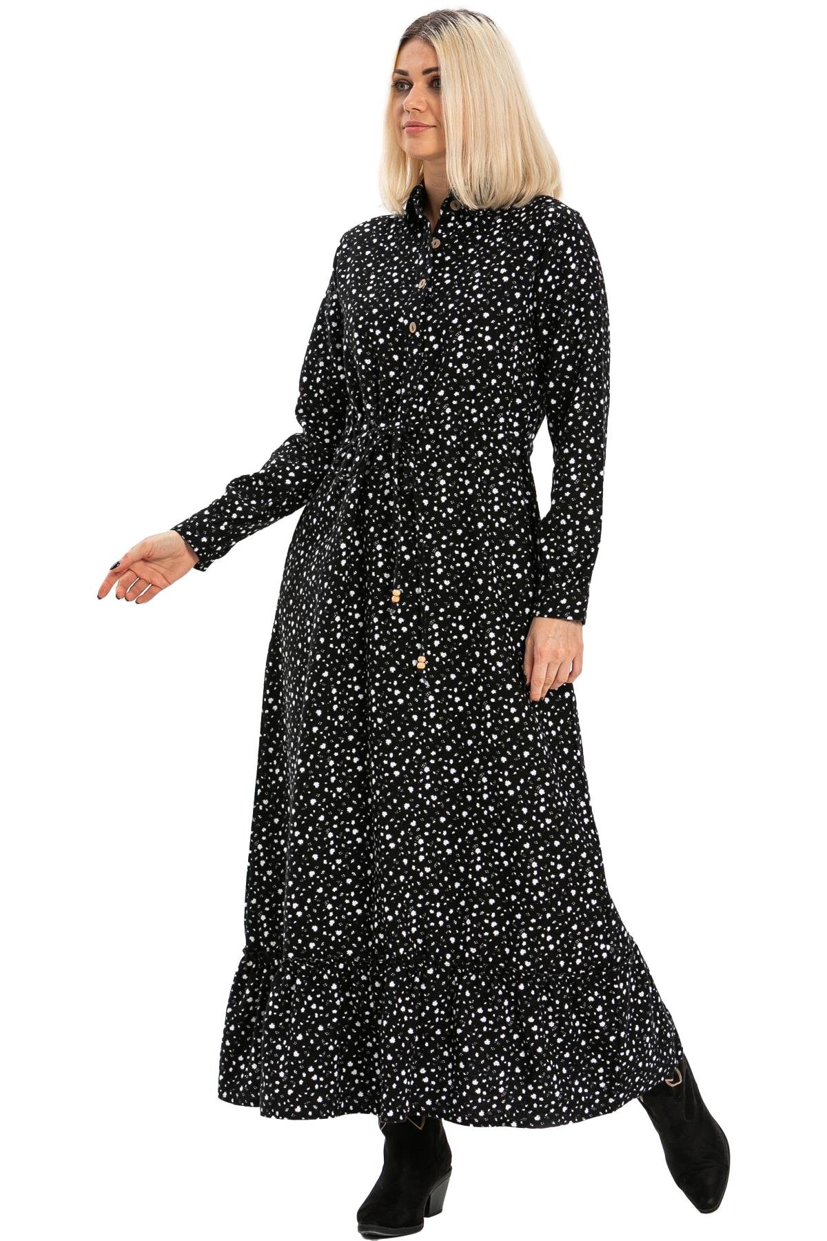 Long Sleeve Flannel Fabric Gülçin Long Dress Crispy Pattern White