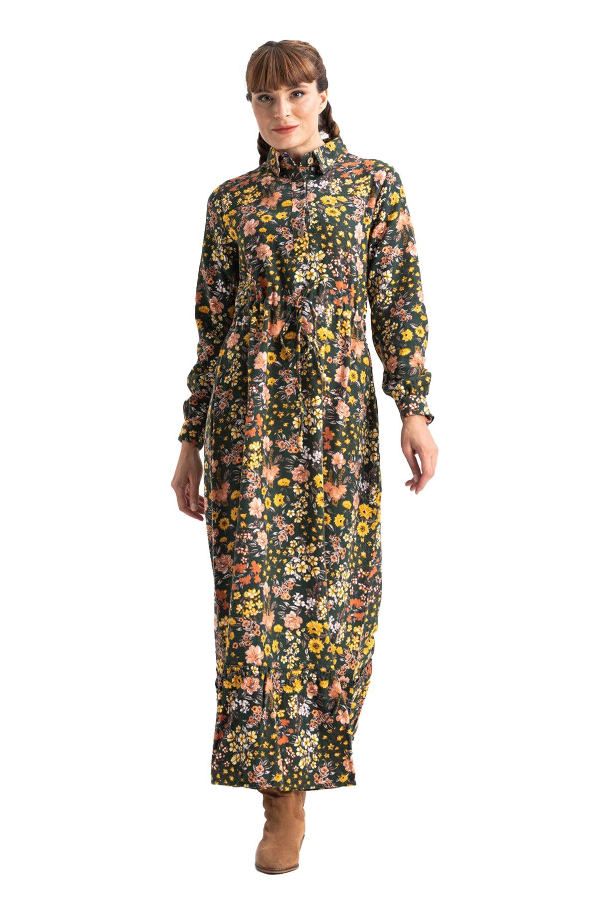 Long Sleeve Gülçin Flannel Fabric Long Dress Bahar Pattern Green