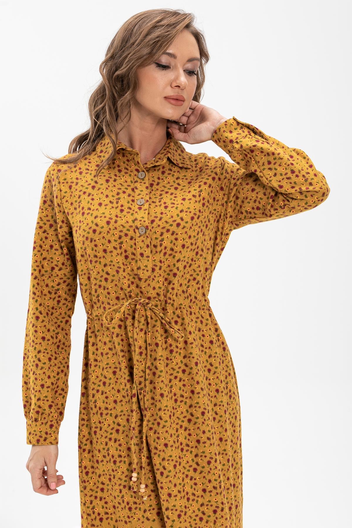 Long Sleeve Flannel Fabric Gülçin Long Dress Crispy Pattern Mustard