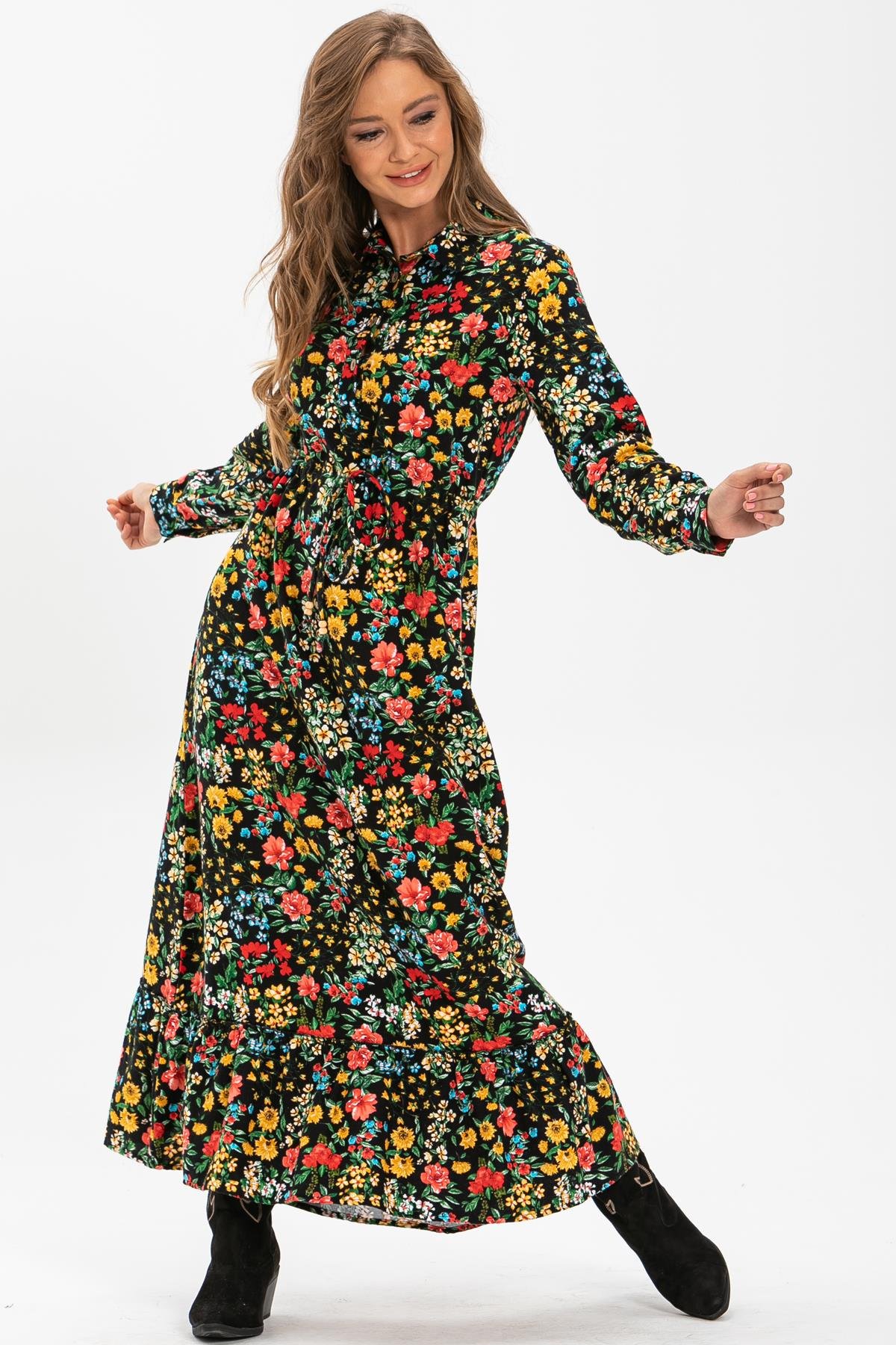 Long Sleeve Flannel Fabric Gülçin Long Dress Spring Pattern Black