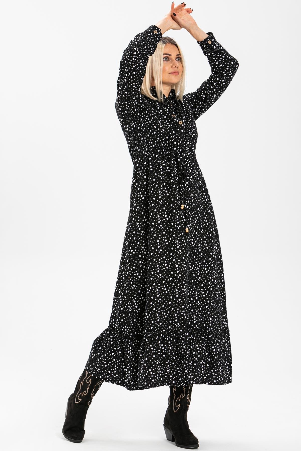 Long Sleeve Flannel Fabric Gülçin Long Dress Crispy Pattern White