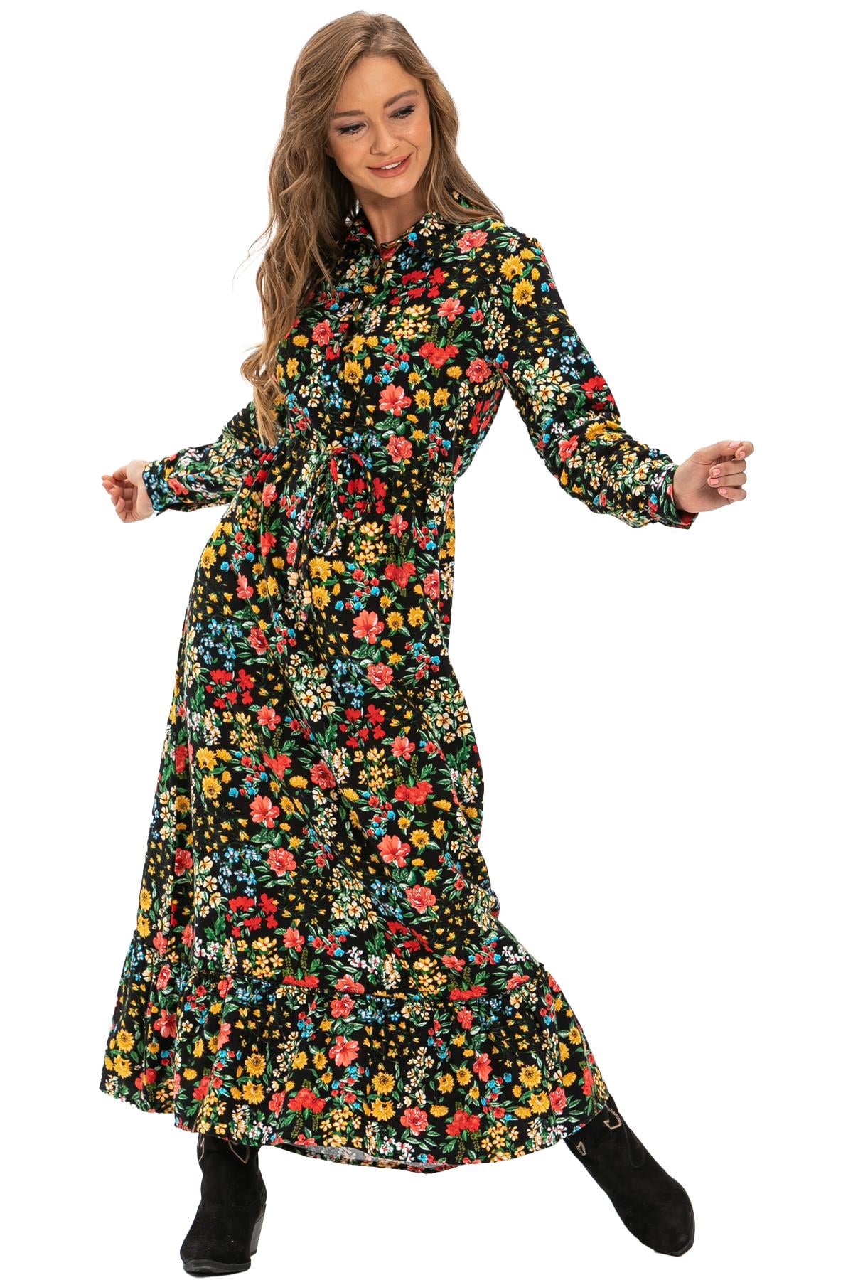 Long Sleeve Flannel Fabric Gülçin Long Dress Spring Pattern Black