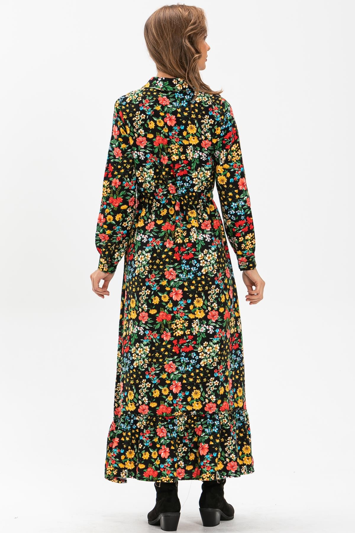 Long Sleeve Flannel Fabric Gülçin Long Dress Spring Pattern Black