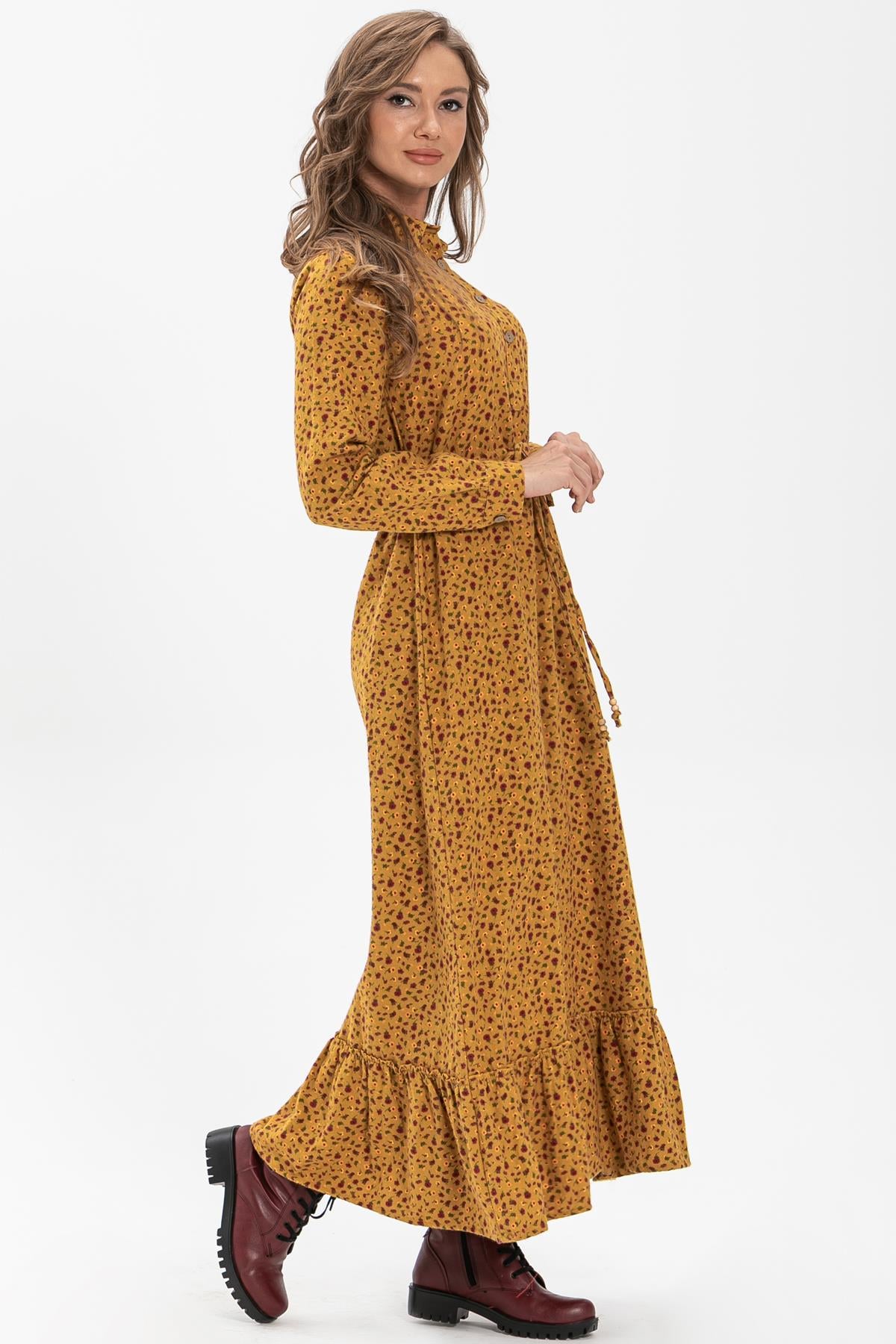 Long Sleeve Flannel Fabric Gülçin Long Dress Crispy Pattern Mustard