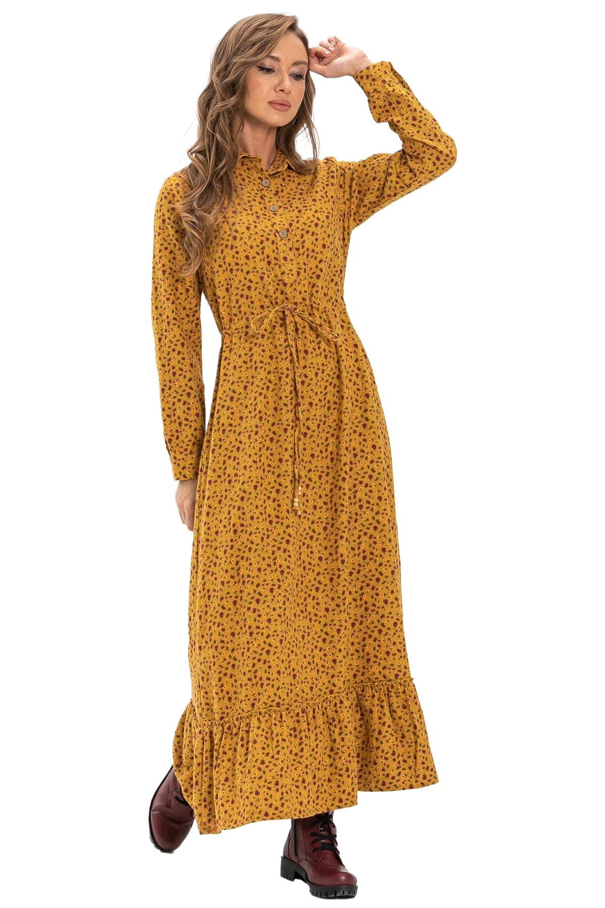 Long Sleeve Flannel Fabric Gülçin Long Dress Crispy Pattern Mustard