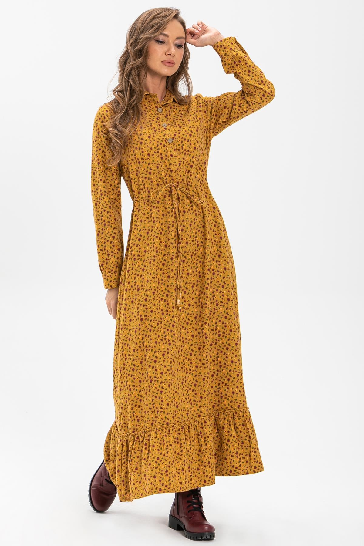 Long Sleeve Flannel Fabric Gülçin Long Dress Crispy Pattern Mustard