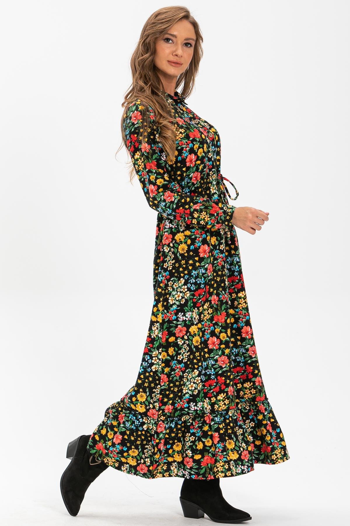 Long Sleeve Flannel Fabric Gülçin Long Dress Spring Pattern Black