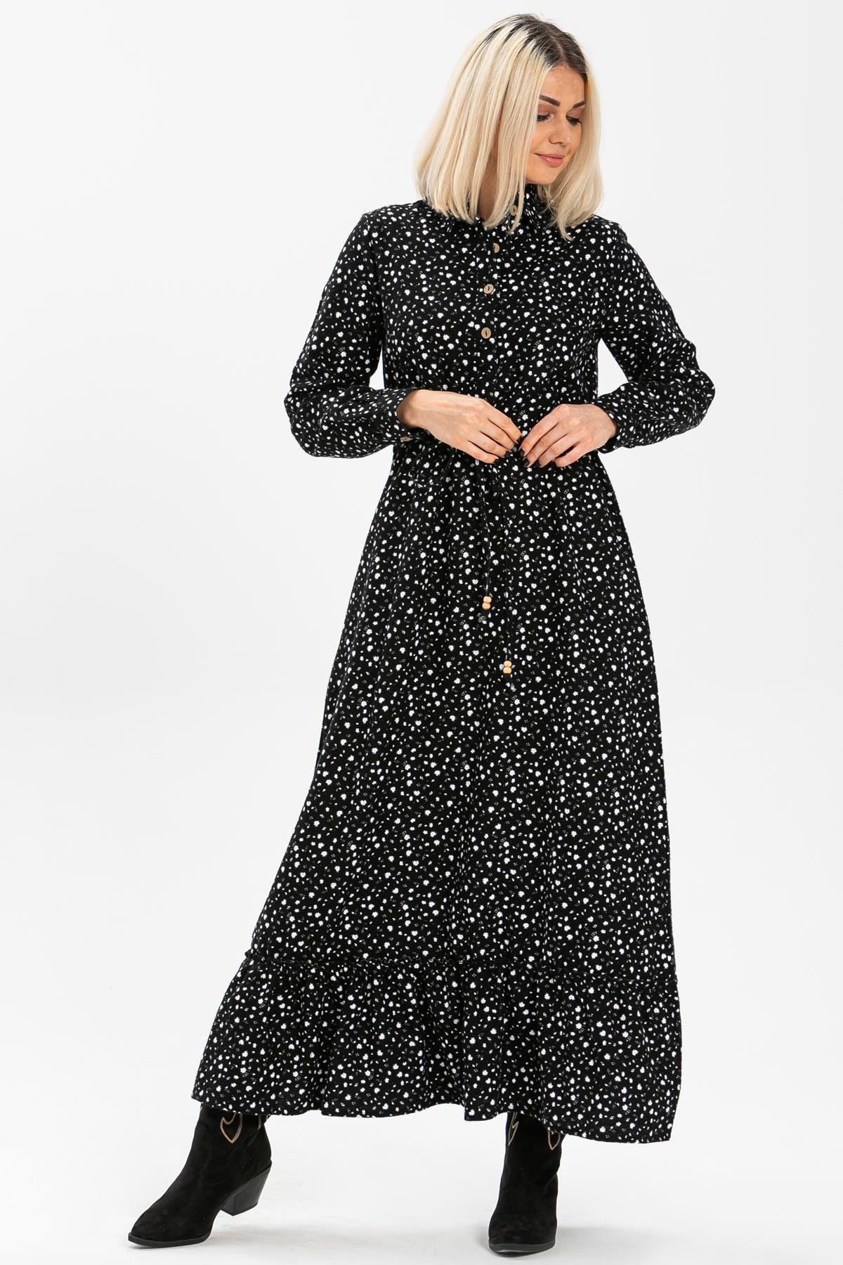 Long Sleeve Flannel Fabric Gülçin Long Dress Crispy Pattern White