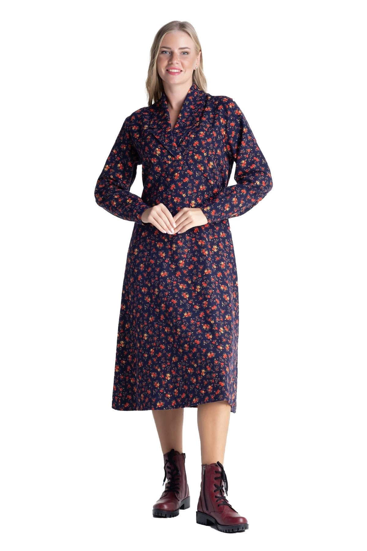 Long Sleeve Gülendam Flannel Midi Length Shirt Collar Floral Pattern Autumn and Winter Dress Navy Blue