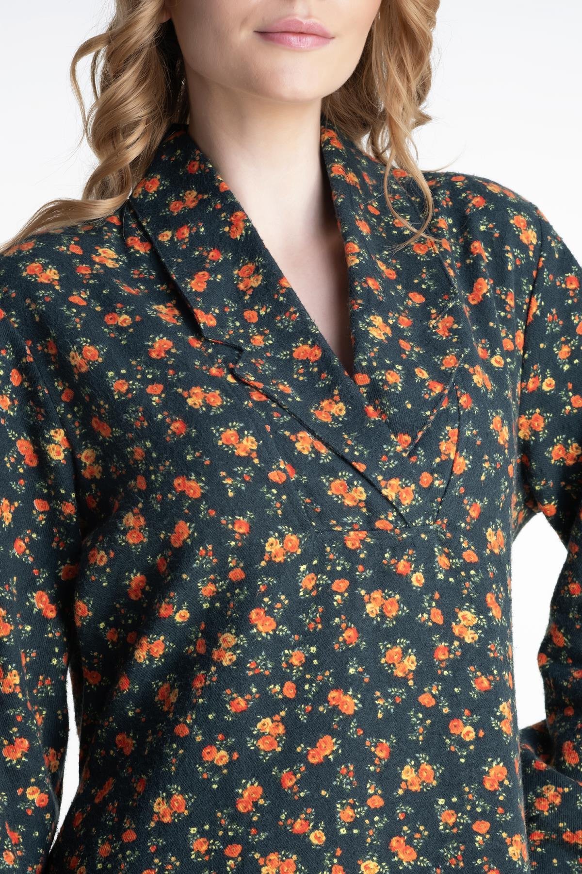 Long Sleeve Gülendam Flannel Midi Length Shirt Collar Floral Pattern Autumn and Winter Dress Green