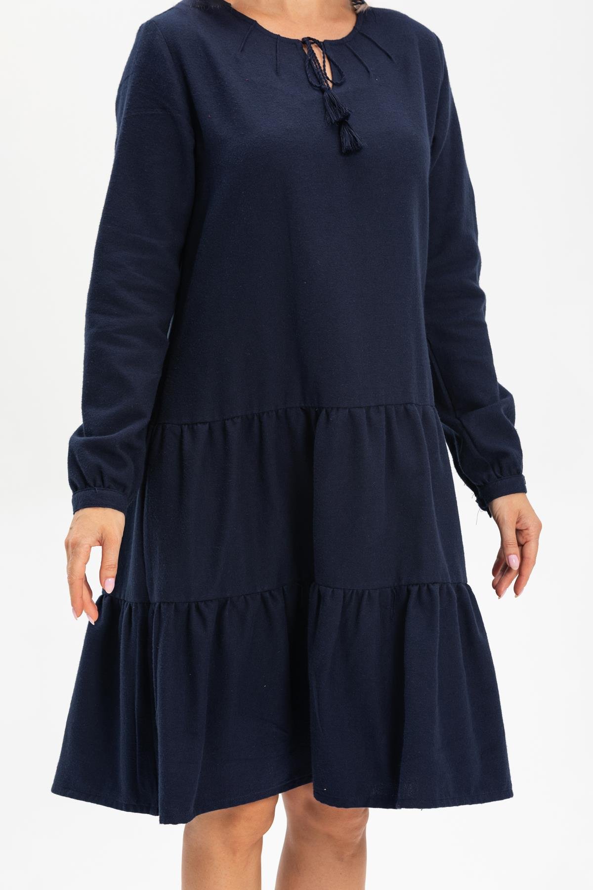 Uzun Kol Güliş Pazen Kısa Sonbahar ve Kışlık Elbise Lacivert Lcvt