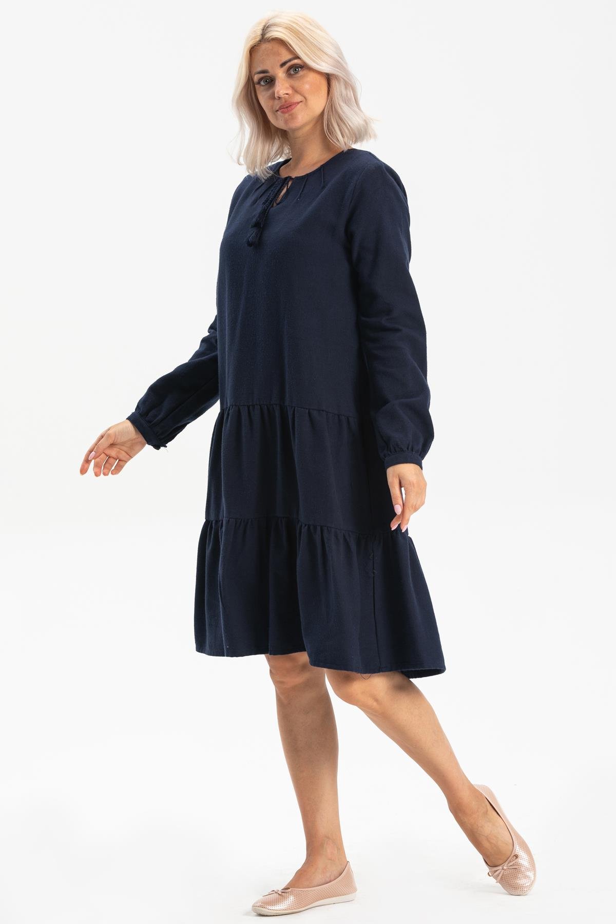 Uzun Kol Güliş Pazen Kısa Sonbahar ve Kışlık Elbise Lacivert Lcvt