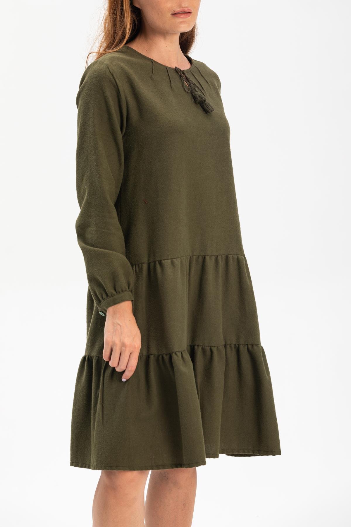 Uzun Kol Güliş Pazen Kısa Sonbahar ve Kışlık Elbise Haki Hk