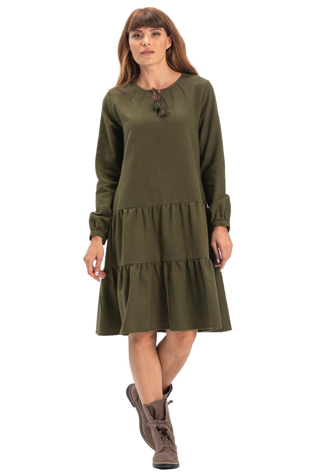 Uzun Kol Güliş Pazen Kısa Sonbahar ve Kışlık Elbise Haki Hk