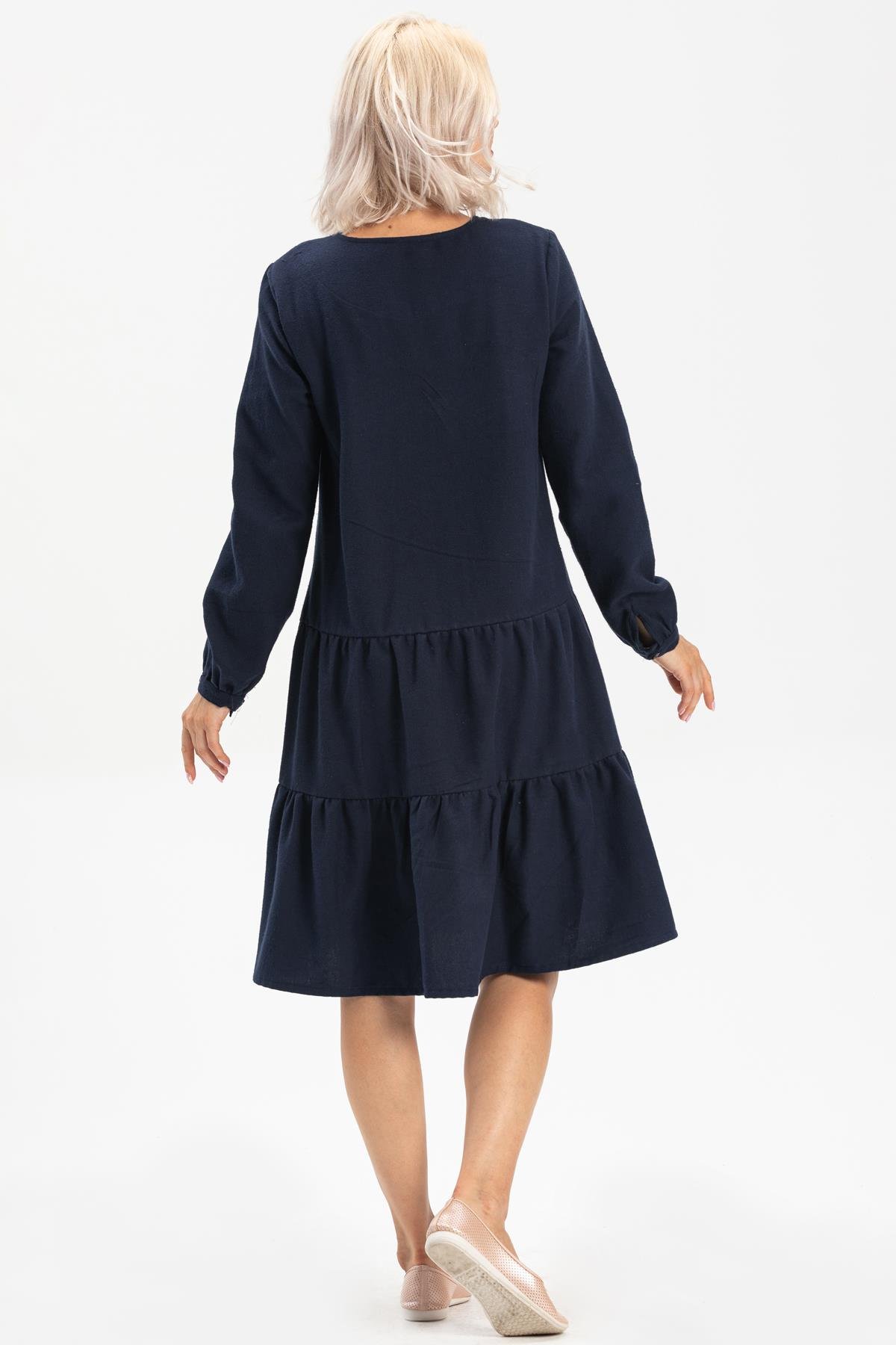 Uzun Kol Güliş Pazen Kısa Sonbahar ve Kışlık Elbise Lacivert Lcvt