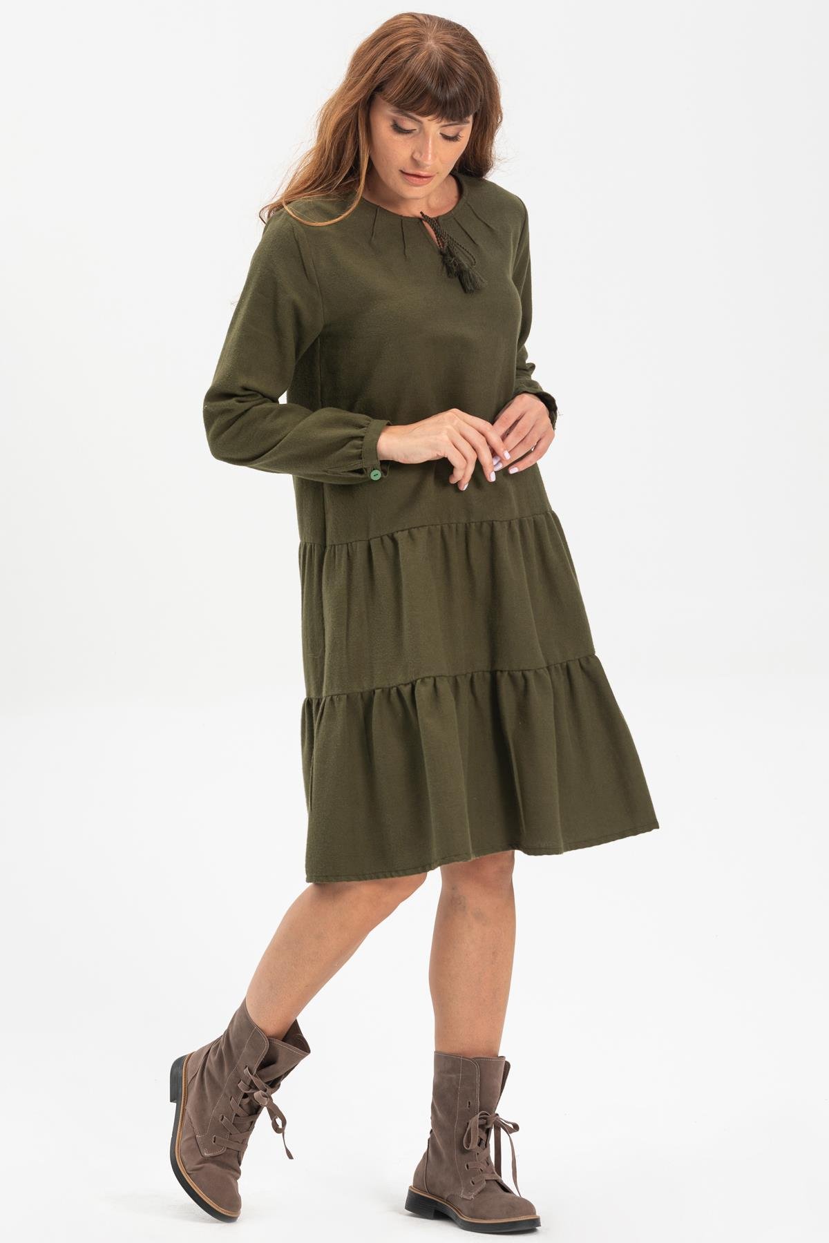 Uzun Kol Güliş Pazen Kısa Sonbahar ve Kışlık Elbise Haki Hk