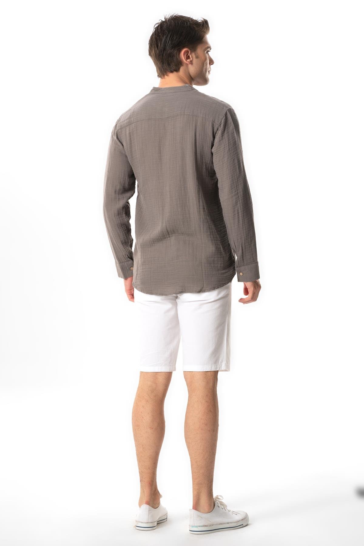 Long Sleeve Crew Neck Summer Muslin Shirt Gray