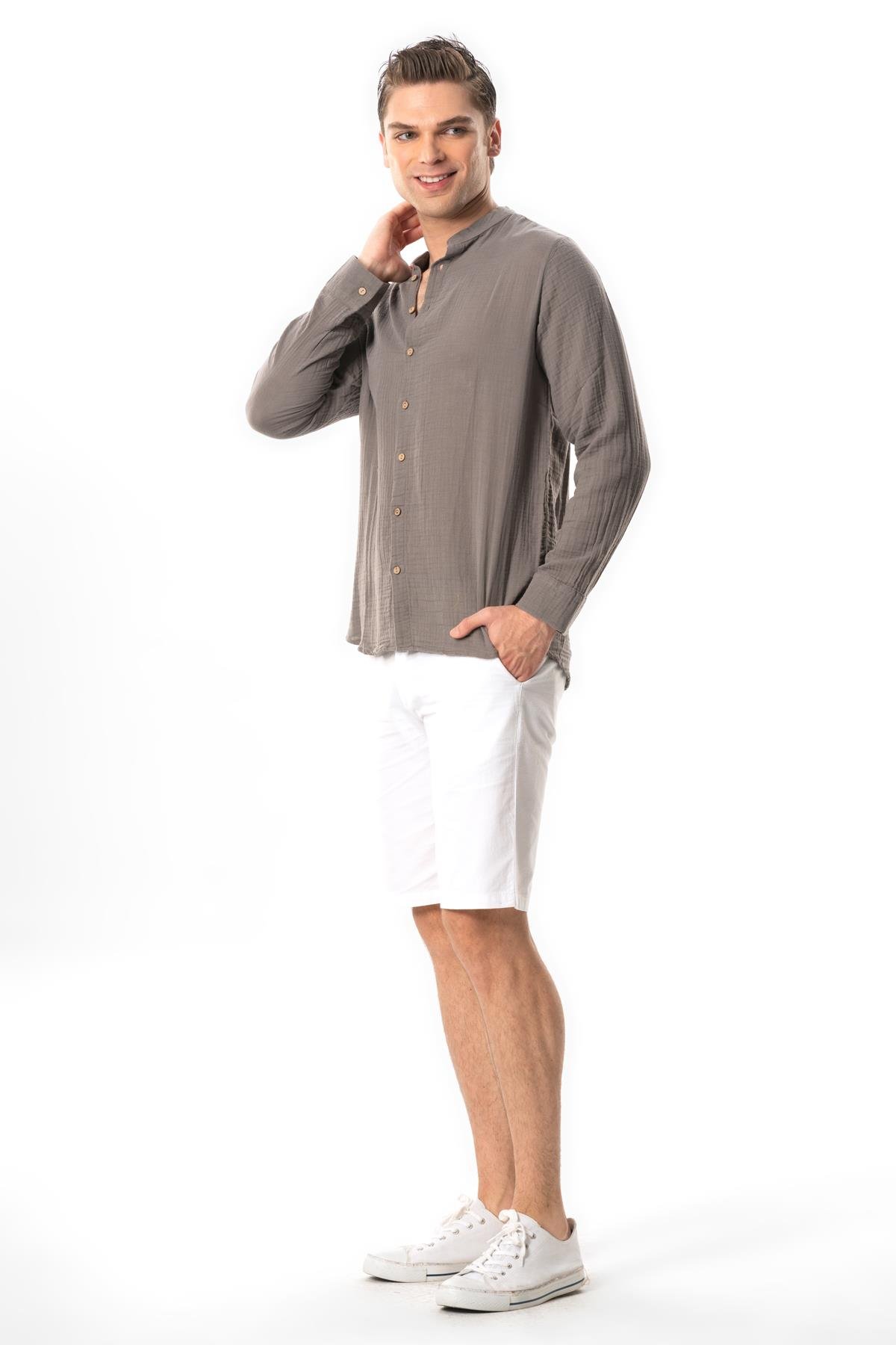 Long Sleeve Crew Neck Summer Muslin Shirt Gray