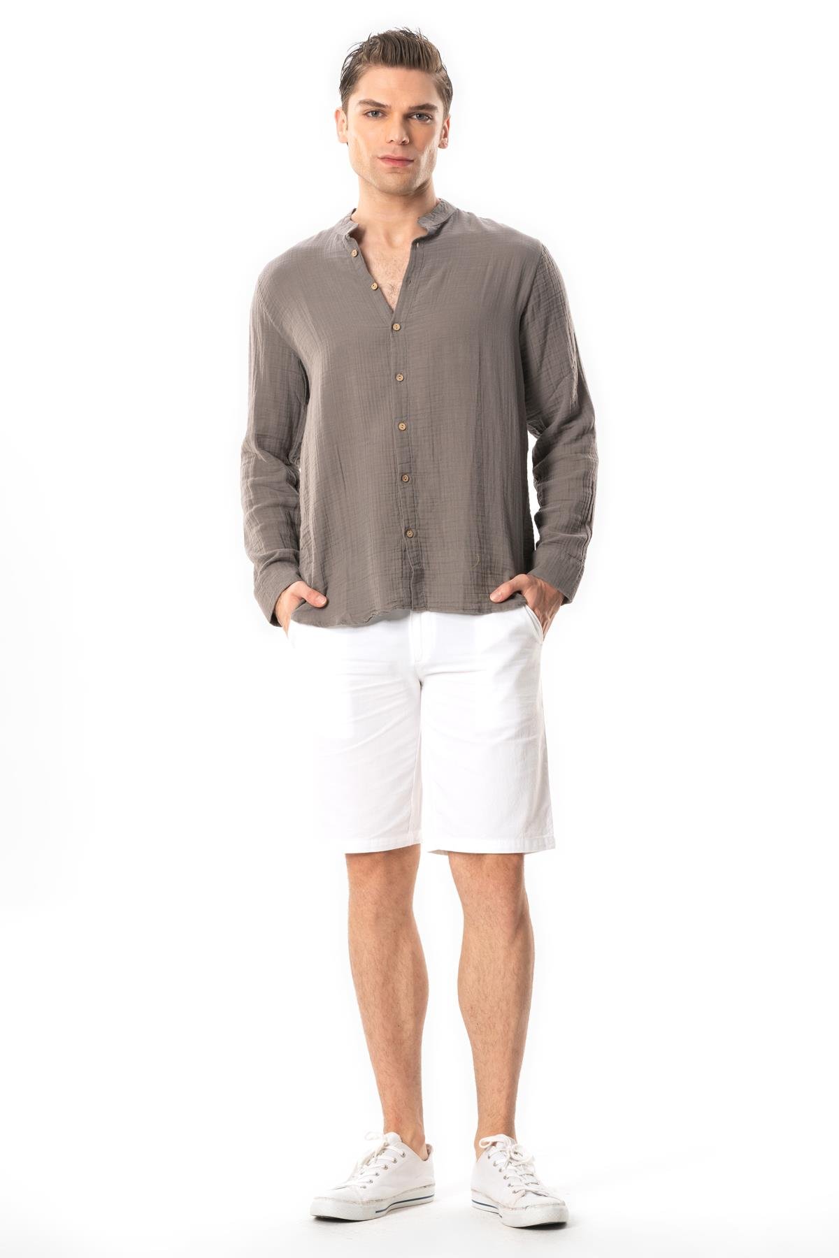 Long Sleeve Crew Neck Summer Muslin Shirt Gray