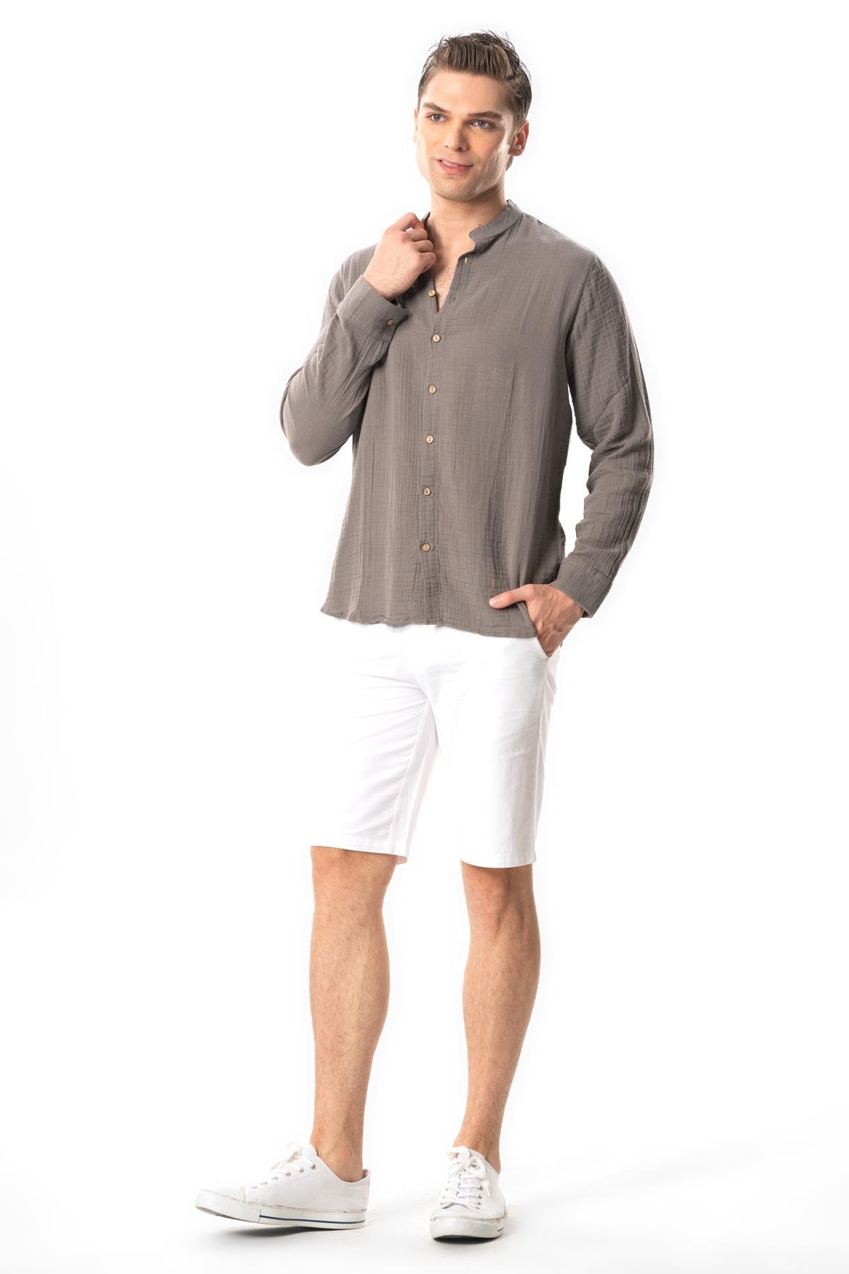 Long Sleeve Crew Neck Summer Muslin Shirt Gray