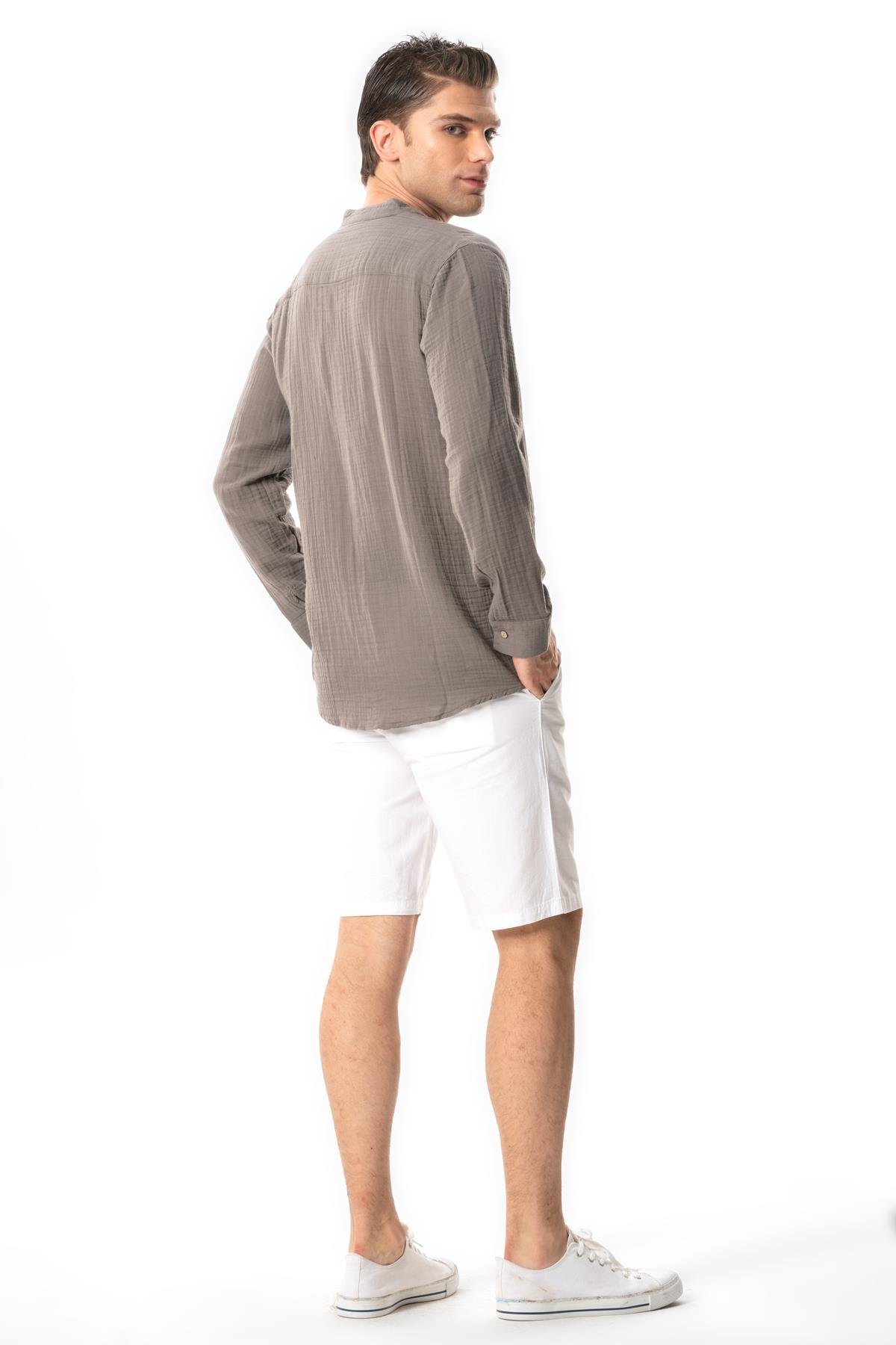 Long Sleeve Crew Neck Summer Muslin Shirt Gray