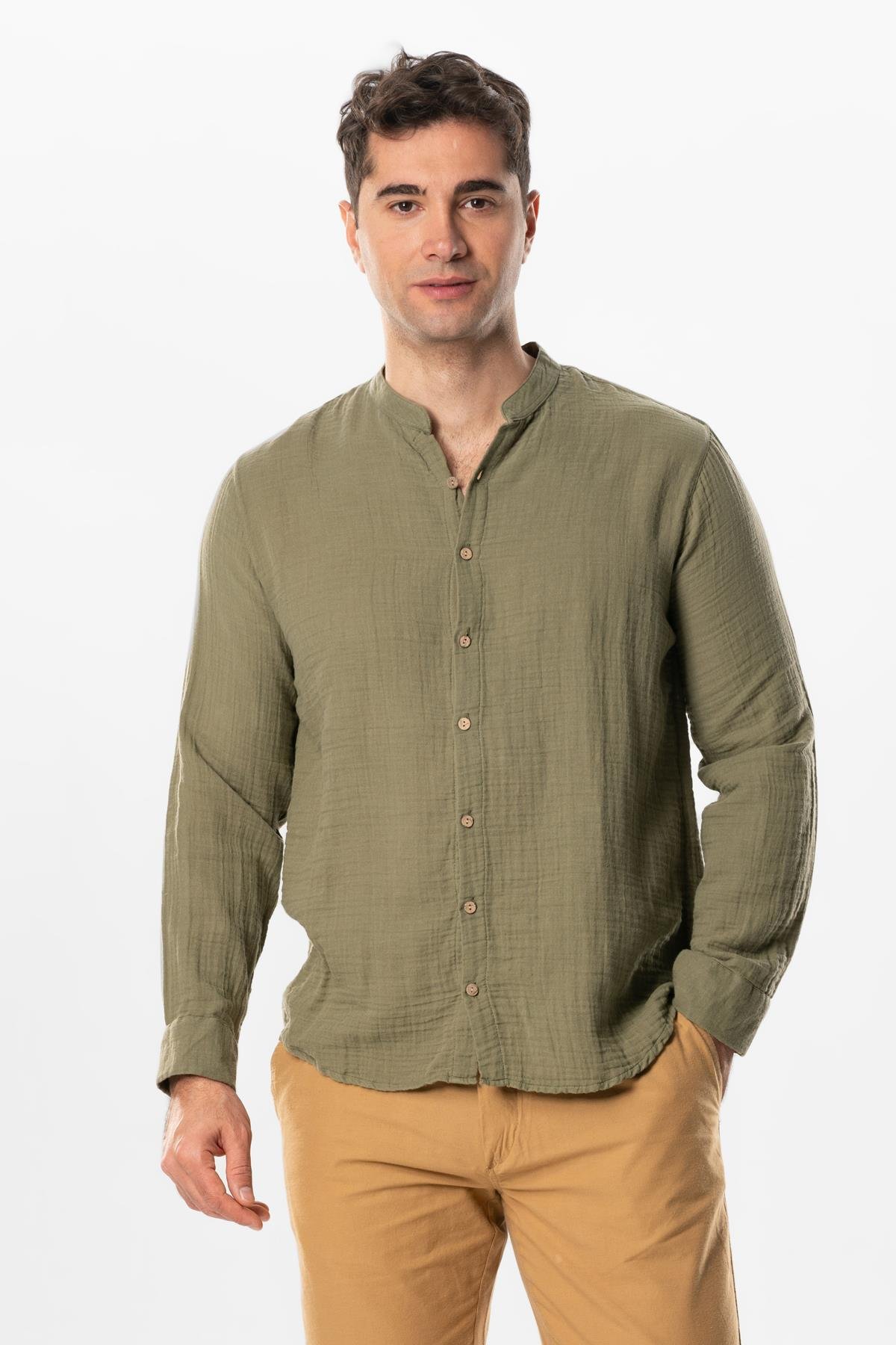 Long Sleeve Crew Neck Summer Muslin Shirt Khaki