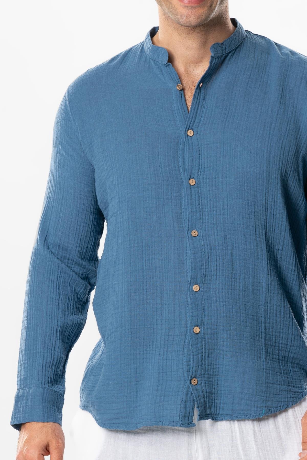 Long Sleeve Crew Neck Summer Muslin Shirt Indigo