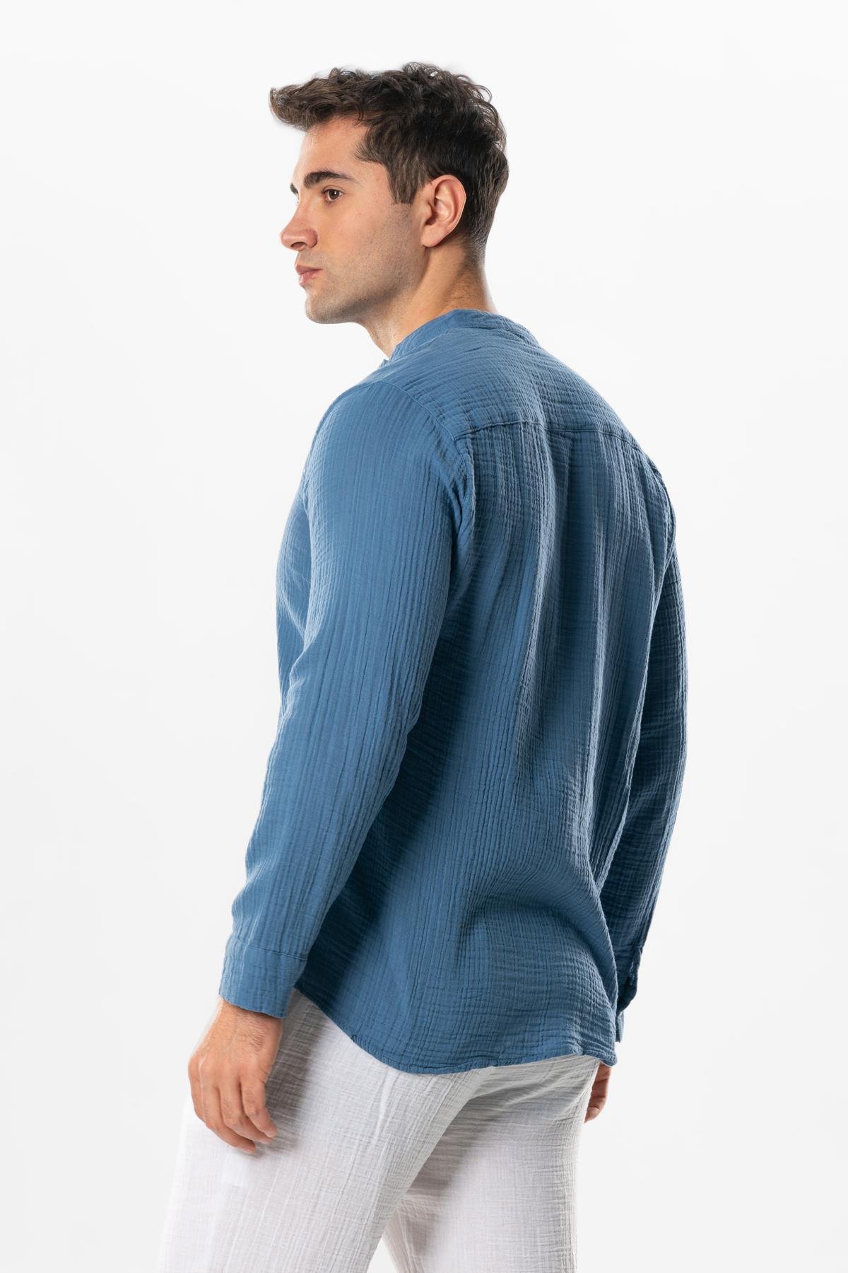 Long Sleeve Crew Neck Summer Muslin Shirt Indigo