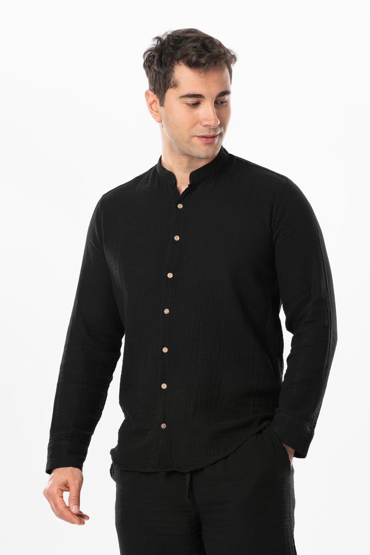 Long Sleeve Crew Neck Summer Muslin Shirt Black