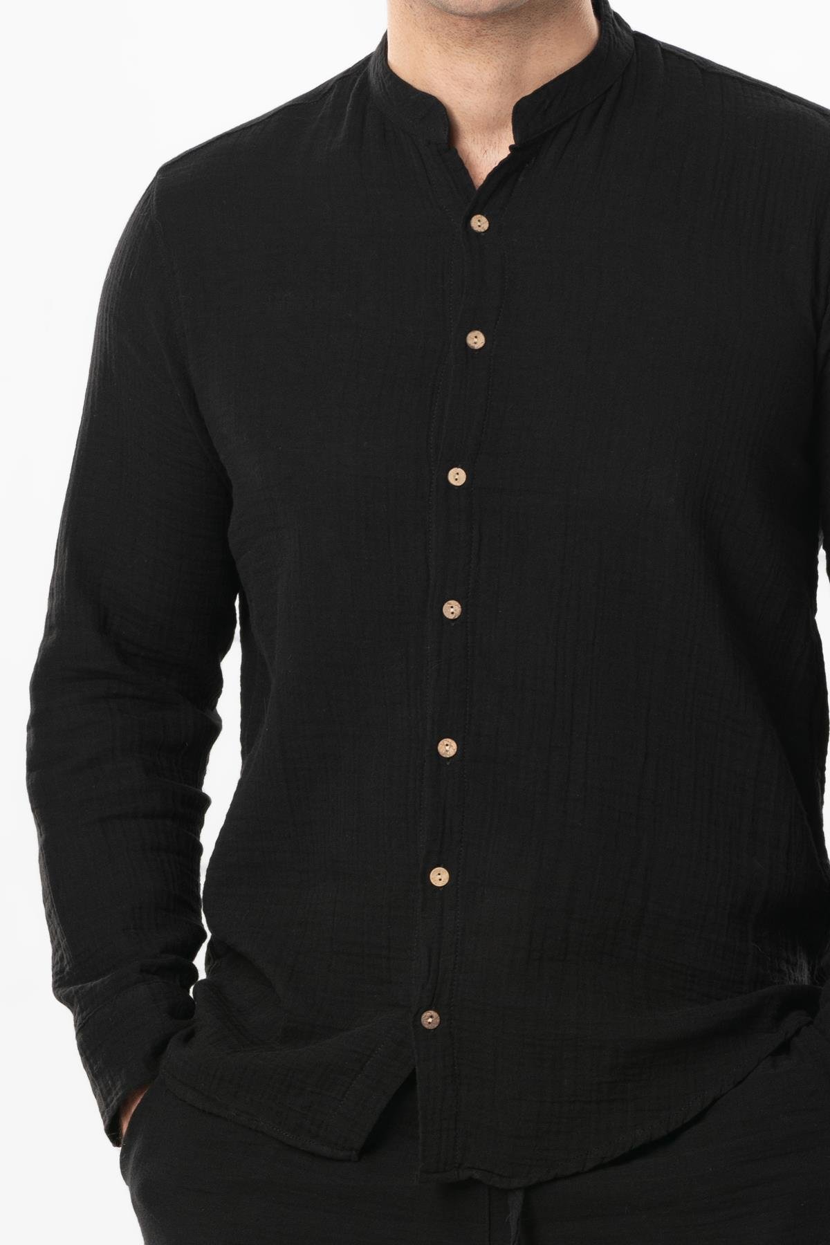 Long Sleeve Crew Neck Summer Muslin Shirt Black