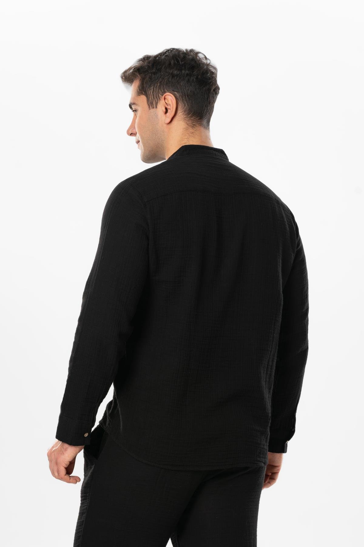 Long Sleeve Crew Neck Summer Muslin Shirt Black