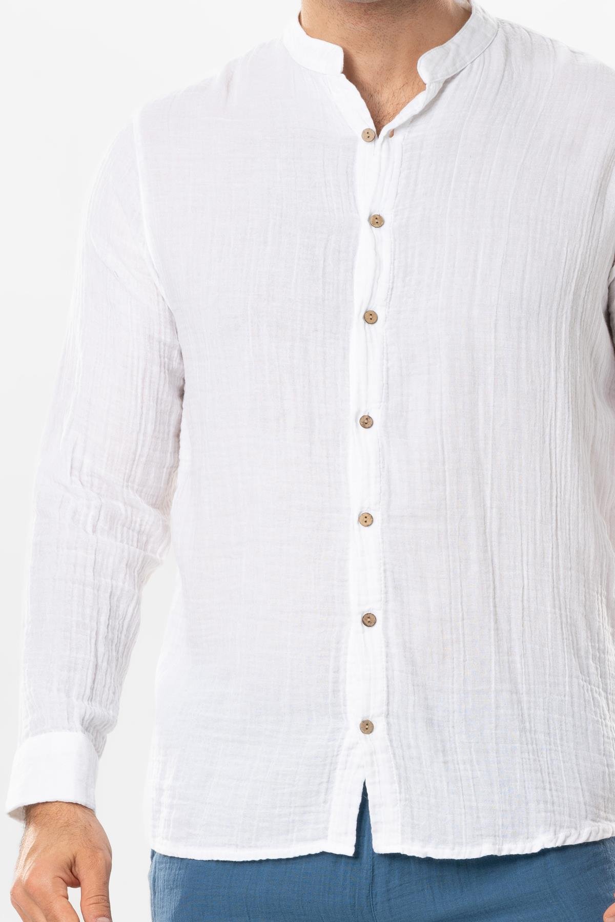 Long Sleeve Crew Neck Summer Muslin Shirt White